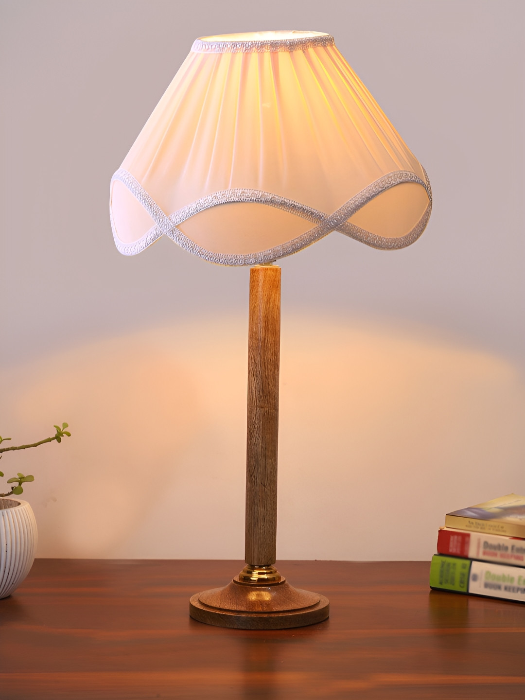 Aura Off White Wood Traditional Bell Shaped Table Lamp