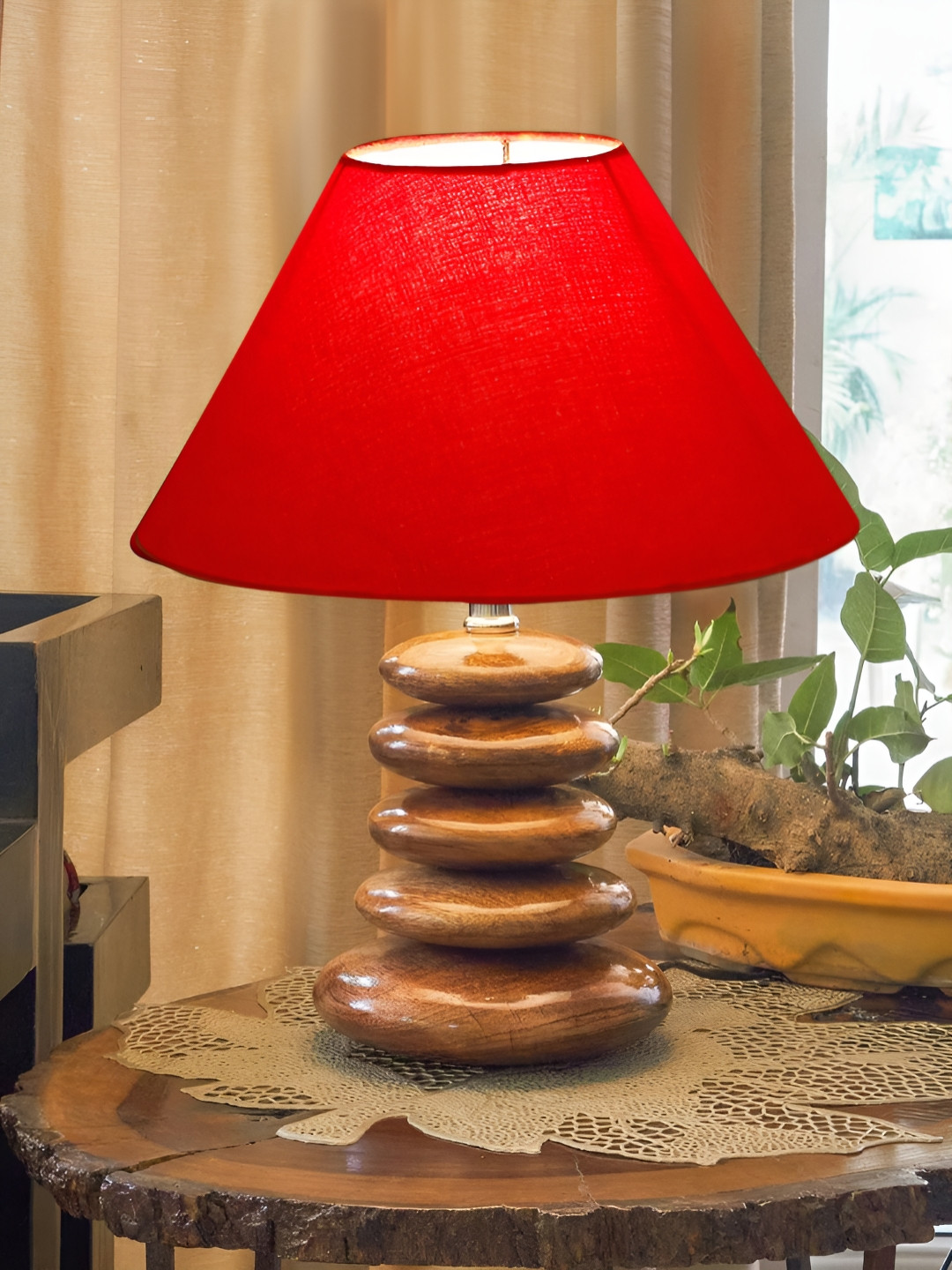Aura Red Wood Traditional Triangle Table Lamp