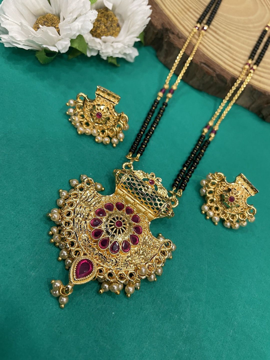 Digital Dress Room Gold-Plated AD -Studded & Pearls Beaded Peacock Design Mangalsutra Set