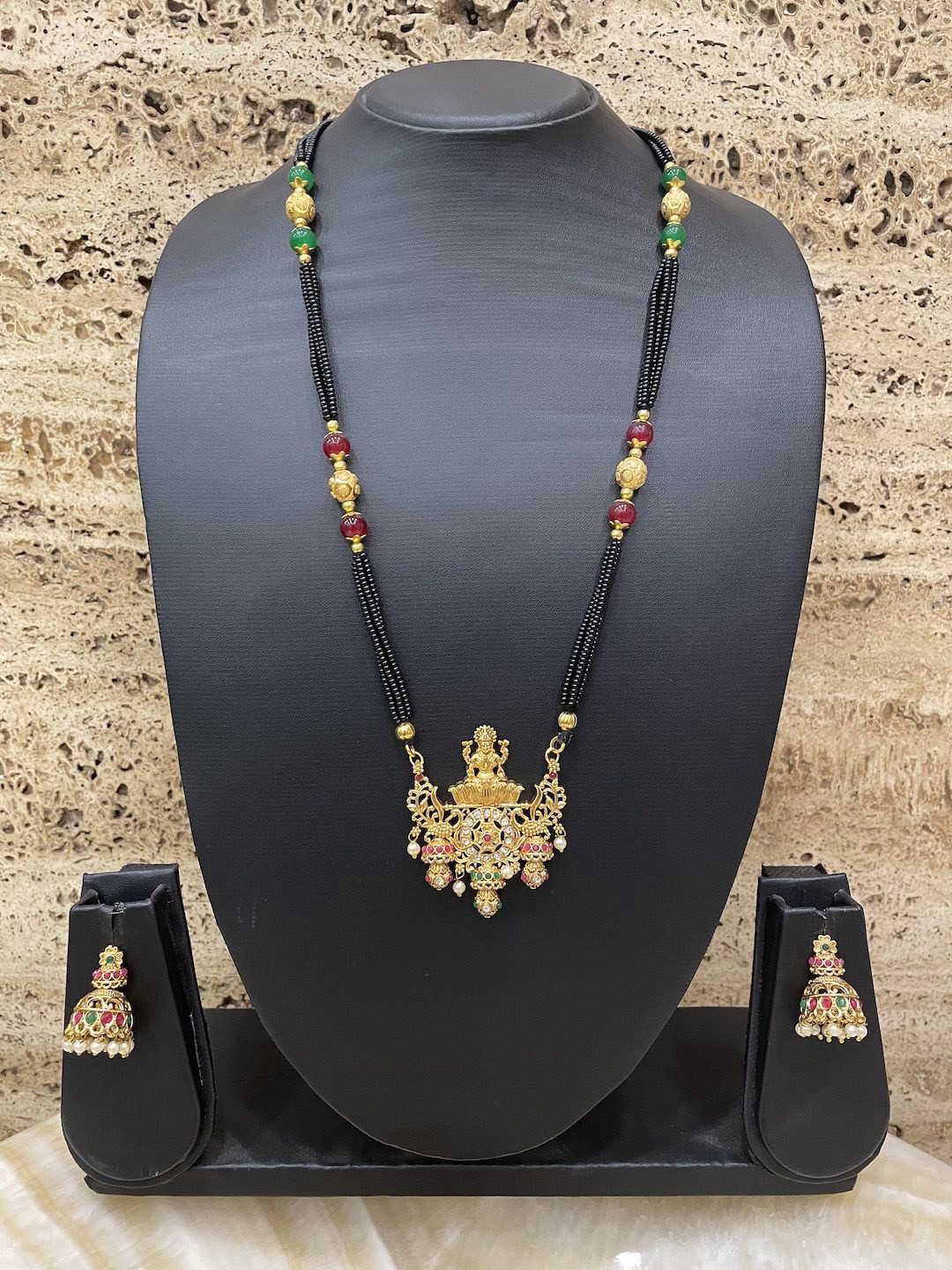 Digital Dress Room Gold-Plated AD Stone-Studded & Beaded Lakshmi Goddess Mangalsutra Set