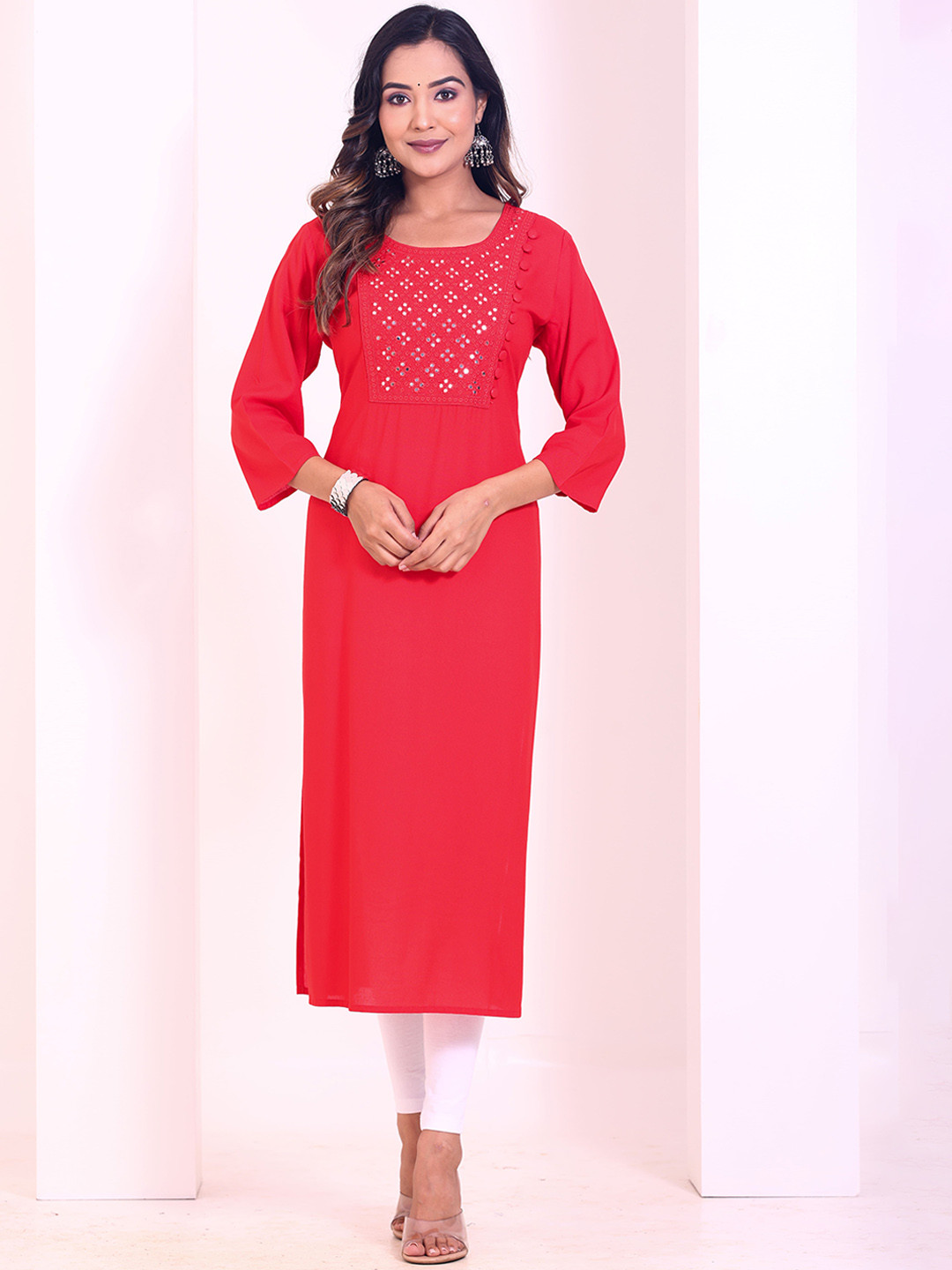 Intizer Geometric Embroidered Mirror Work Round Neck Straight Kurta