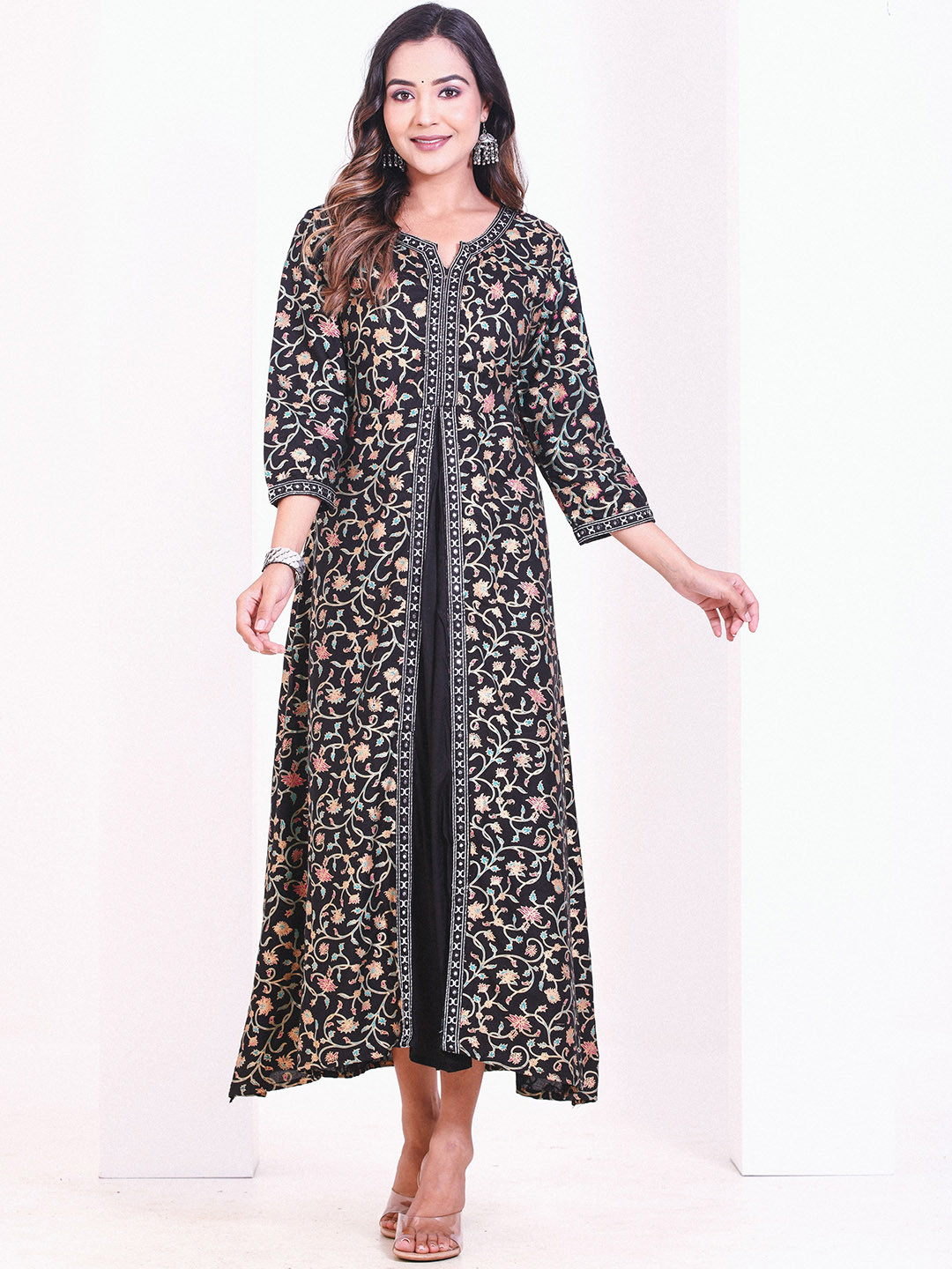 Smartyhub Floral Printed Mirror Work Notch Neck A-Line Layered Kurta