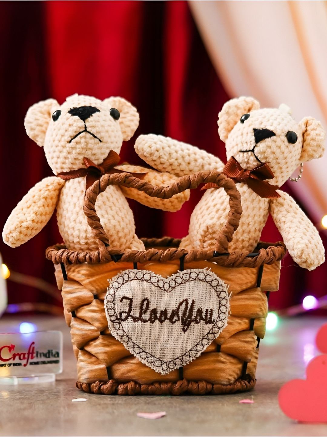 eCraftIndia Teddy Bears in A I Love You Heart Basket Beige Polyester Natural Living Room Small Showpiece - 6.3 Inches