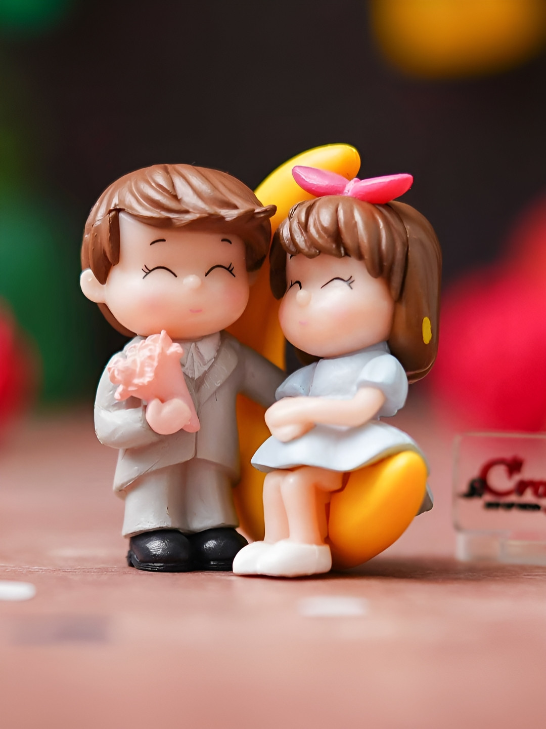 eCraftIndia Romantic Love Moon Couple Cream Polyresin Natural Bedroom Tiny Showpiece - 2.4 Inches