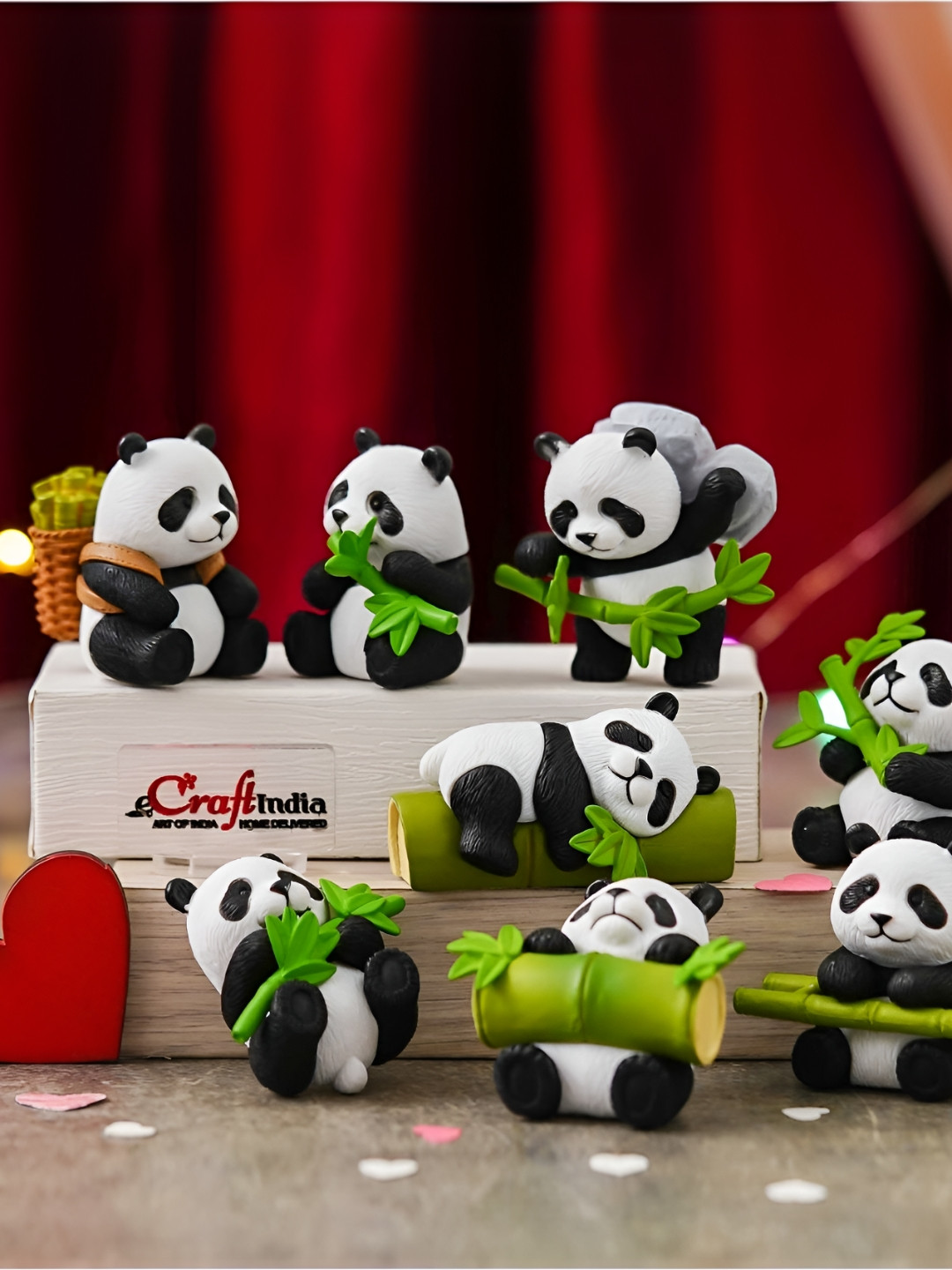 eCraftIndia Panda Black Polyresin Glossy Living Room Set of 8 Tiny Showpieces - 1.8 Inches