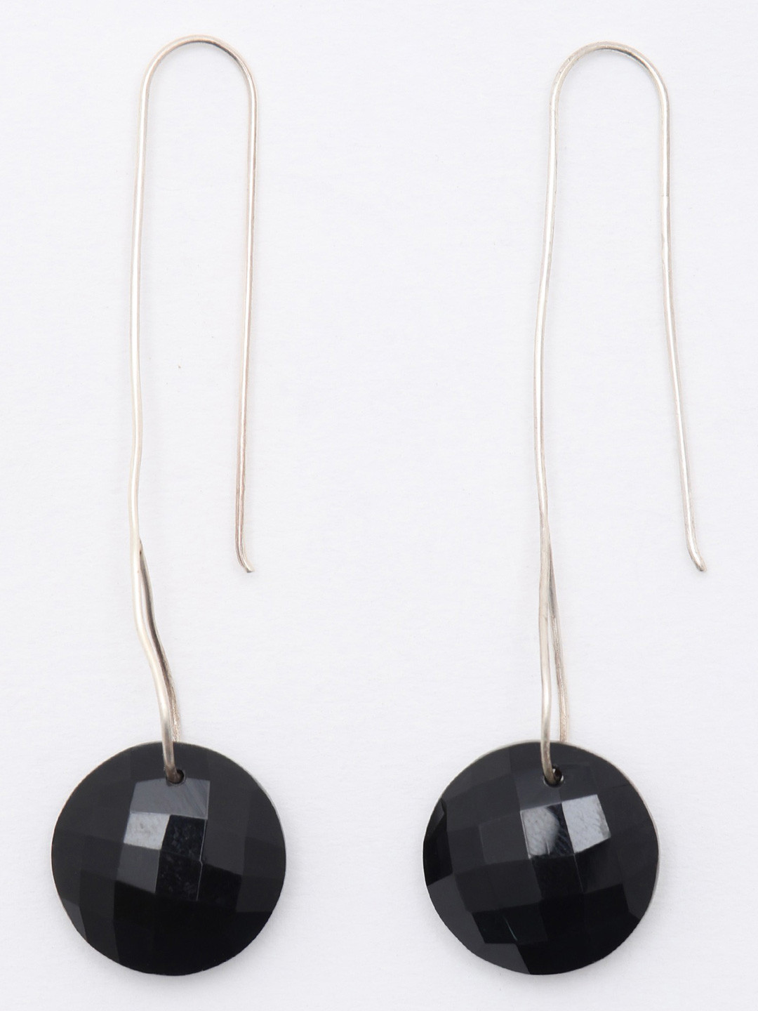Exotic India Sterling Silver Hook Earrings with Faceted Black Onyx