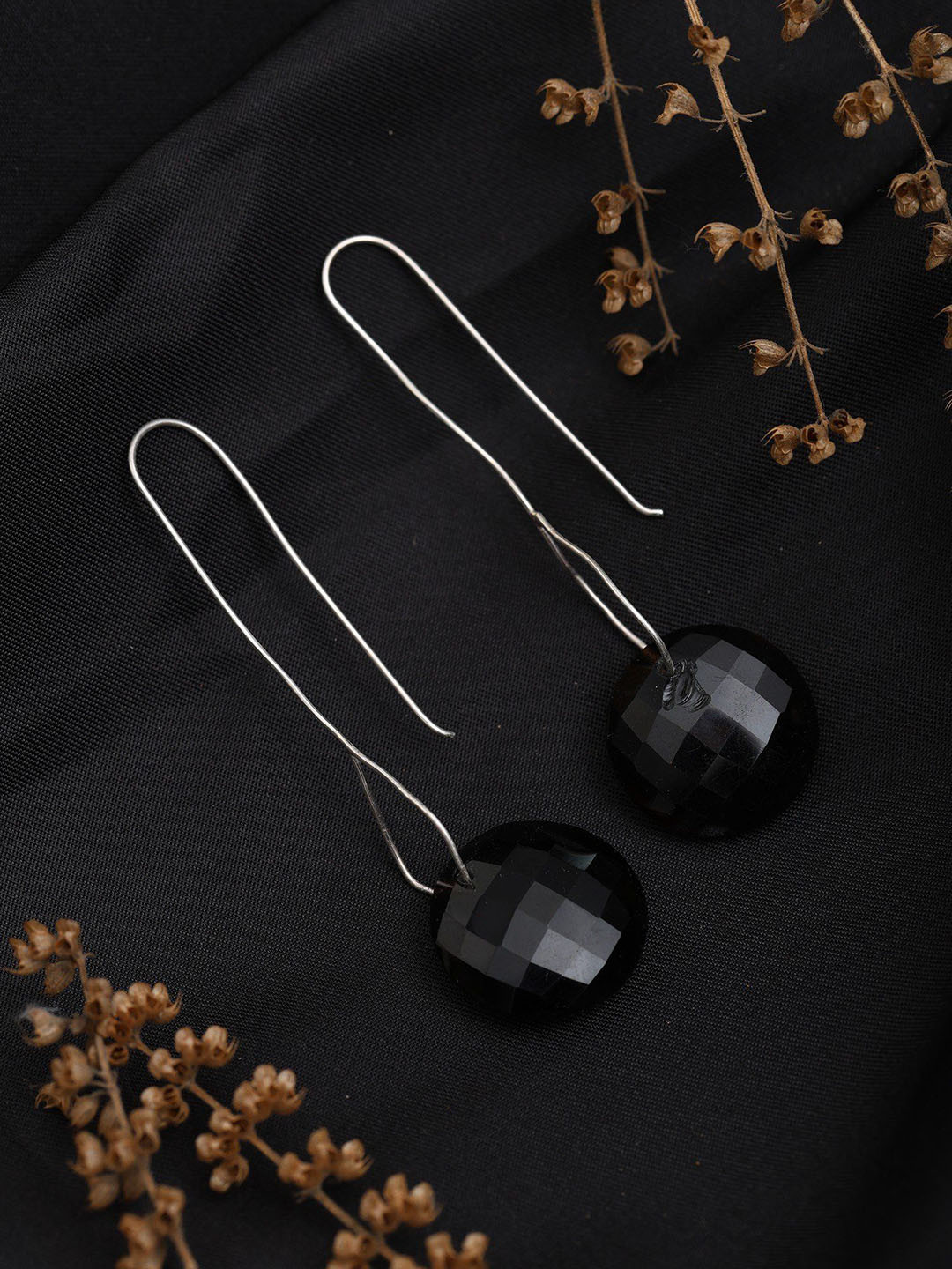 Exotic India Sterling Silver Long Hook Earrings with Faceted Smoky Quartz
