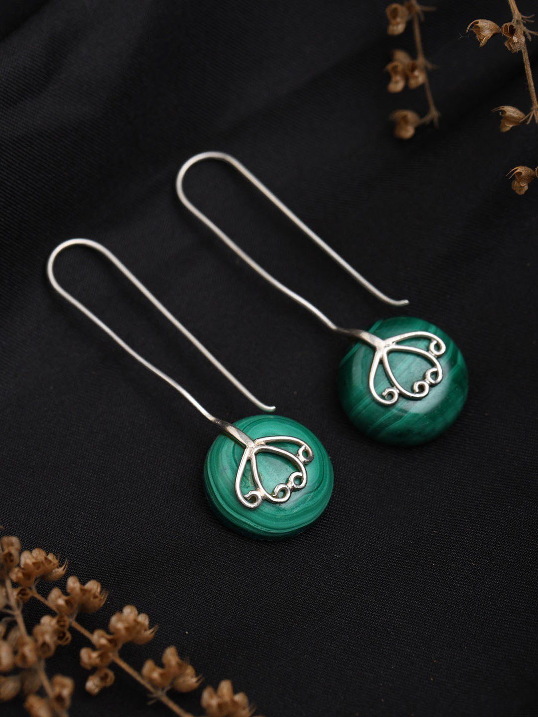 Exotic India Sterling Silver Long Hook Earrings with Malachite Gemstone