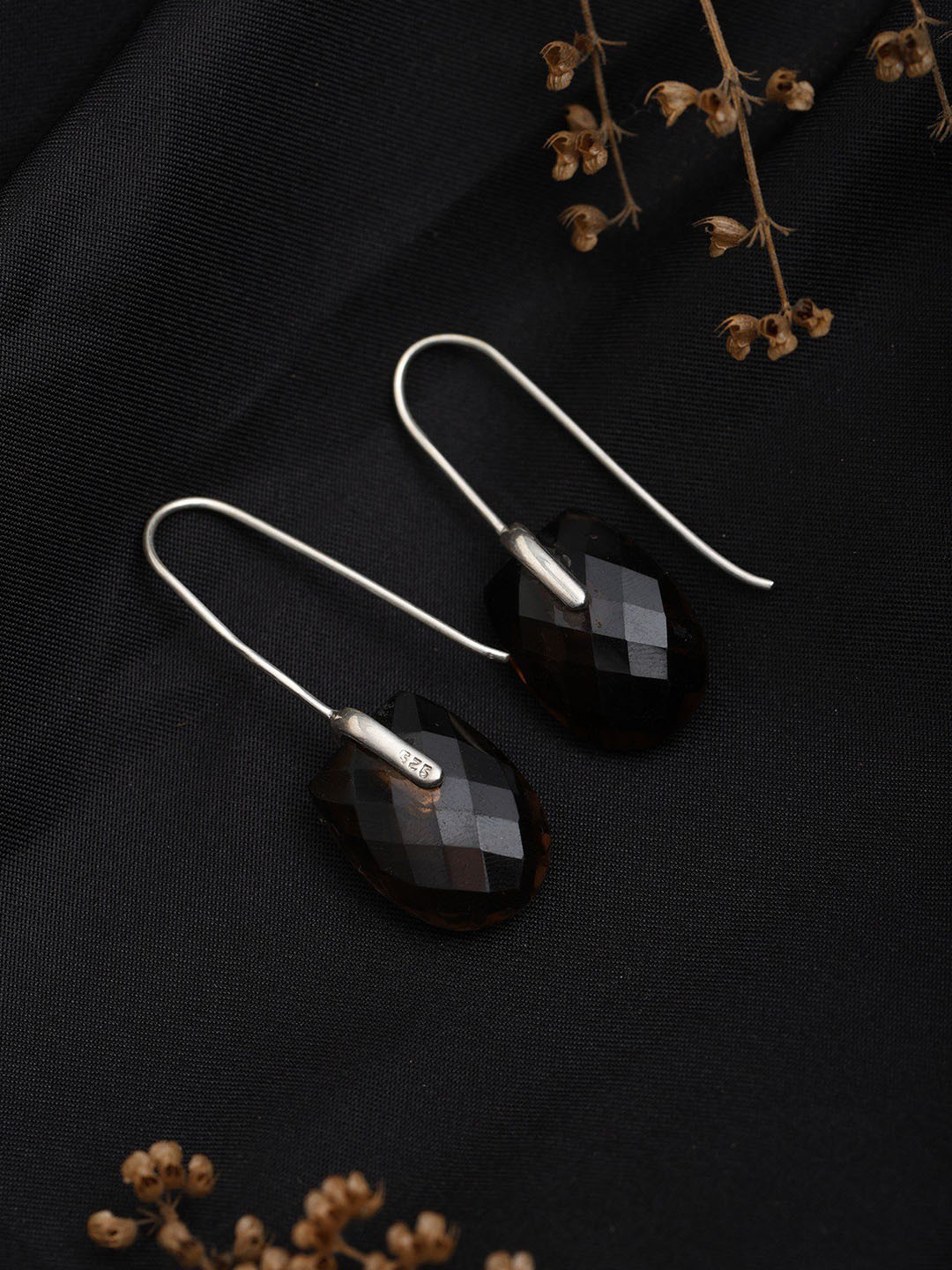 Exotic India Sterling Silver Hook Earrings with Faceted Smoky Quartz