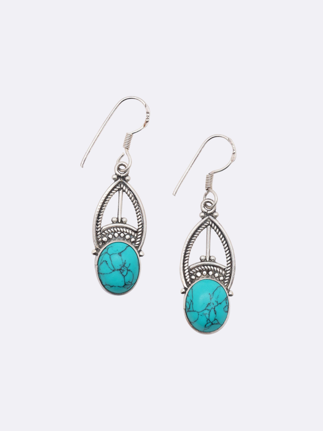 Exotic India Sterling Silver Oval Cut Tibetan Turquoise Hook Earrings