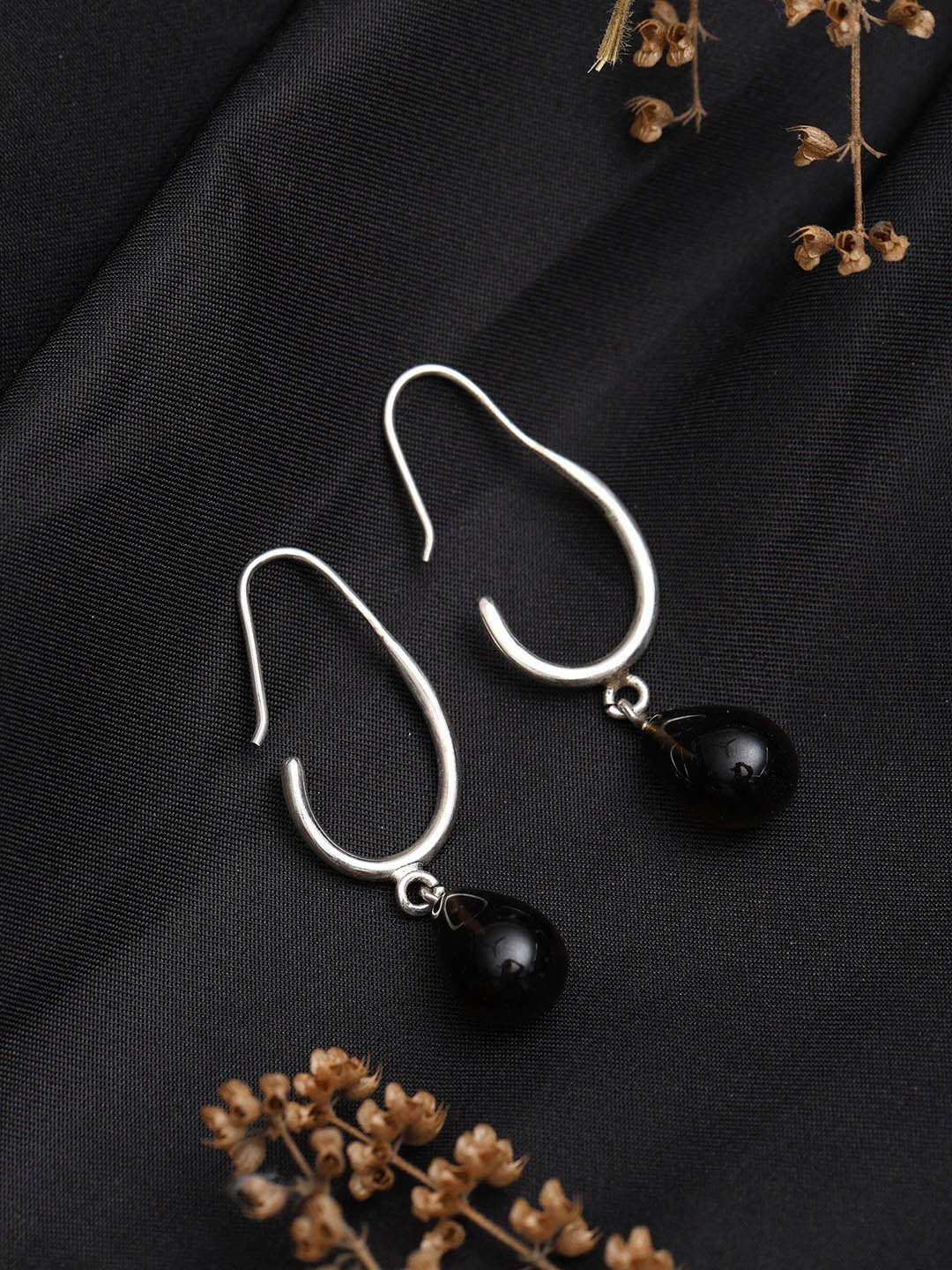 Exotic India Sterling Silver Earrings with Cabochon Smoky Quartz