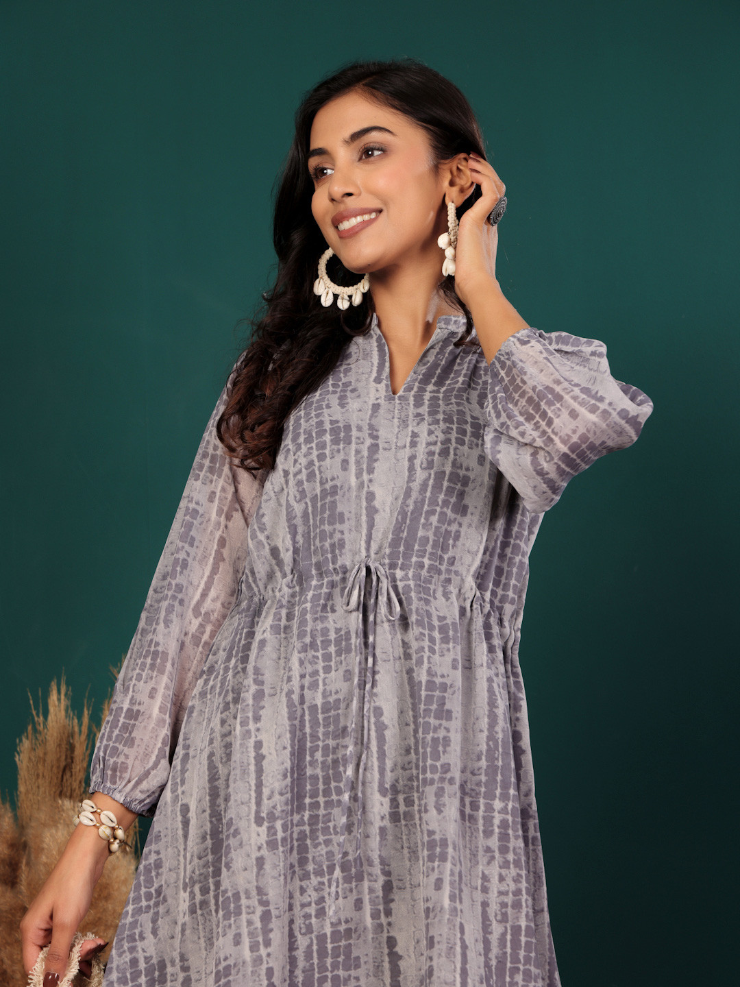 Varanga Print Puff Sleeve Georgette A-Line Dress