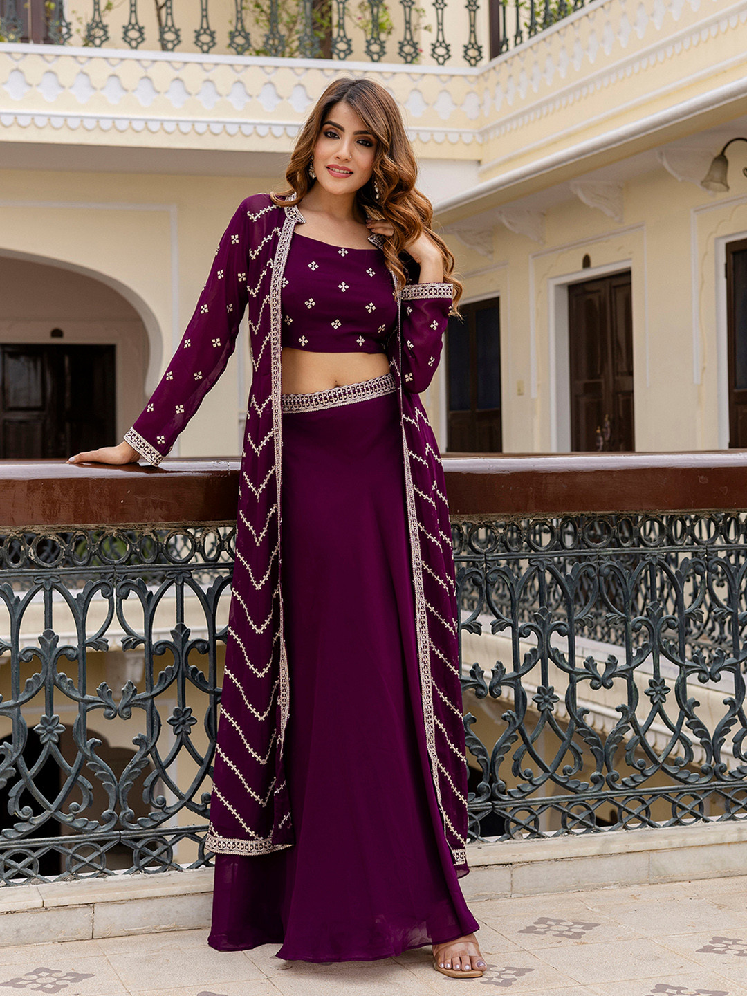 Purple Embroidered Shoulder Straps Top with Skirt and Jacket