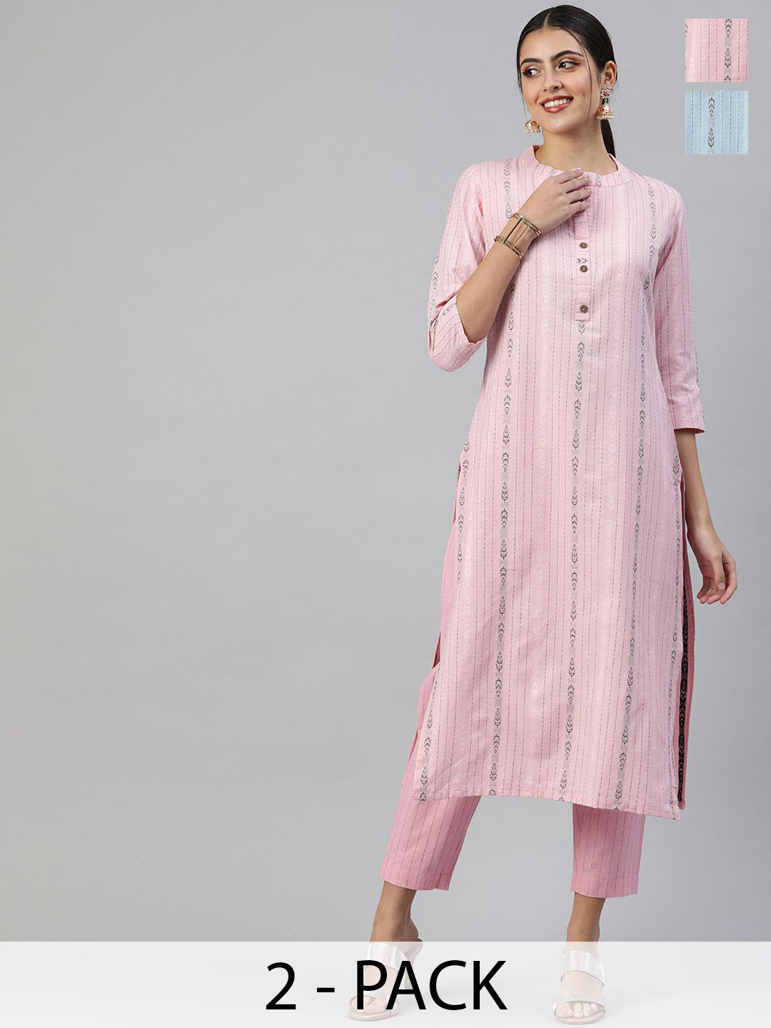 KALINI Pack Of 2 Striped Mandadrin Collar Straight Kurta With Trousers