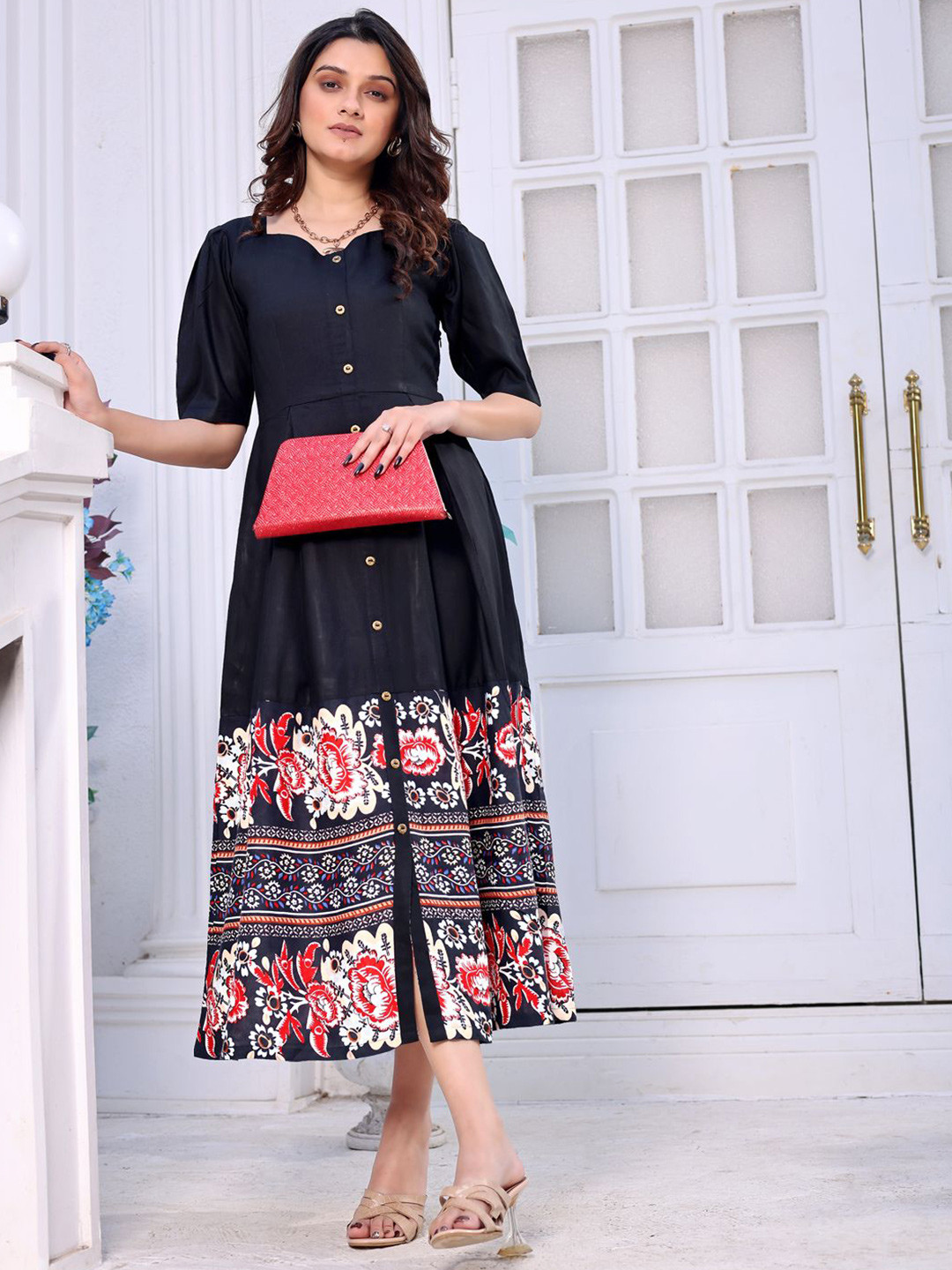 SHINISHA Colourblocked Print A-Line Midi Dress