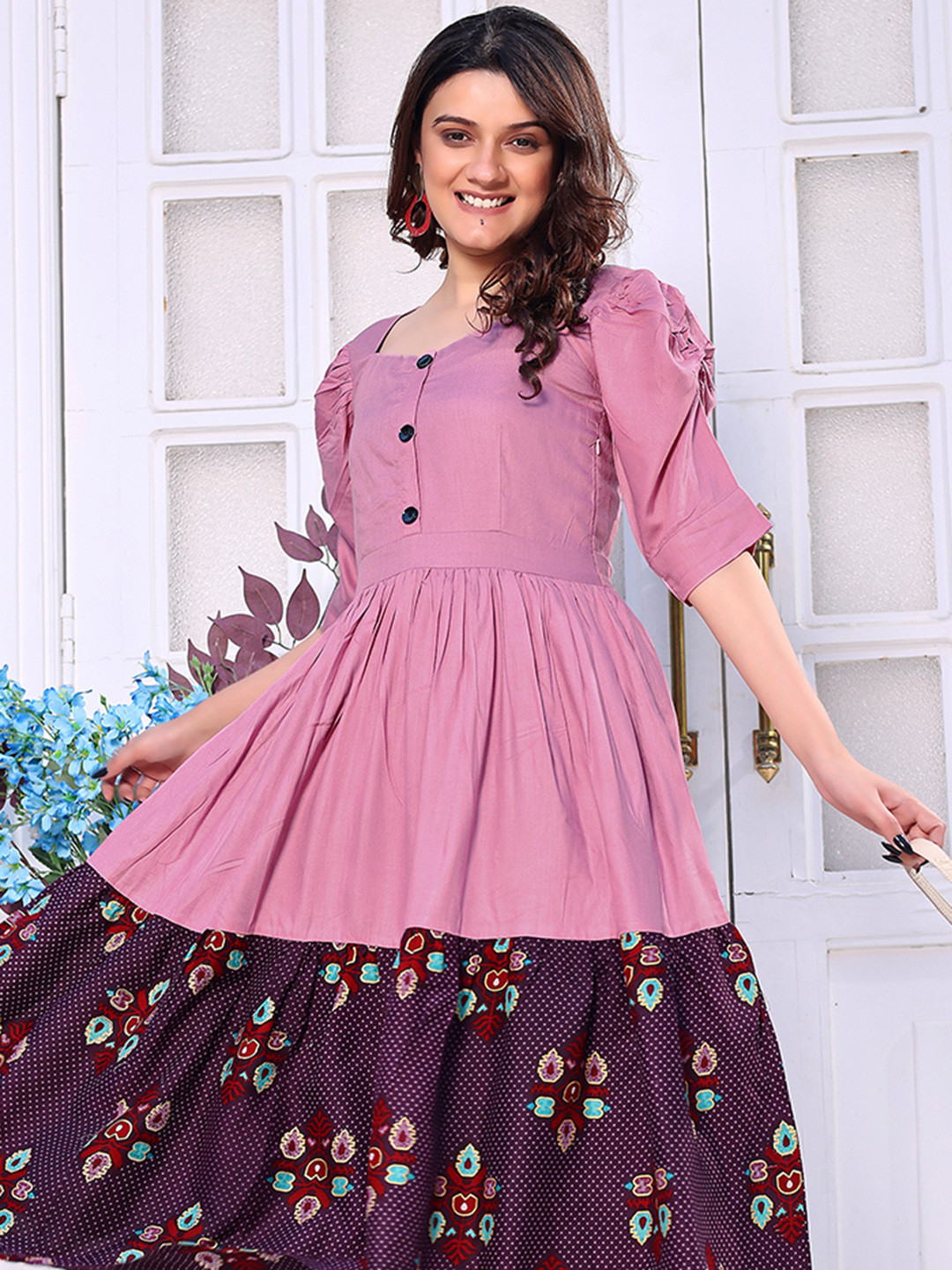 SHINISHA Print Puff Sleeve A-Line Midi Dress