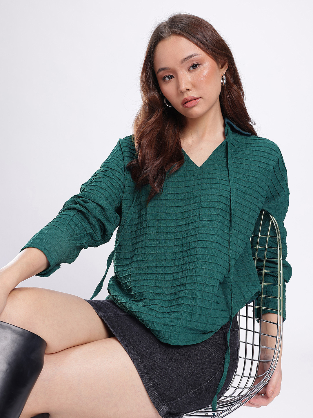 Teal Seersucker Textured Shirt Collar Long Sleeve Top