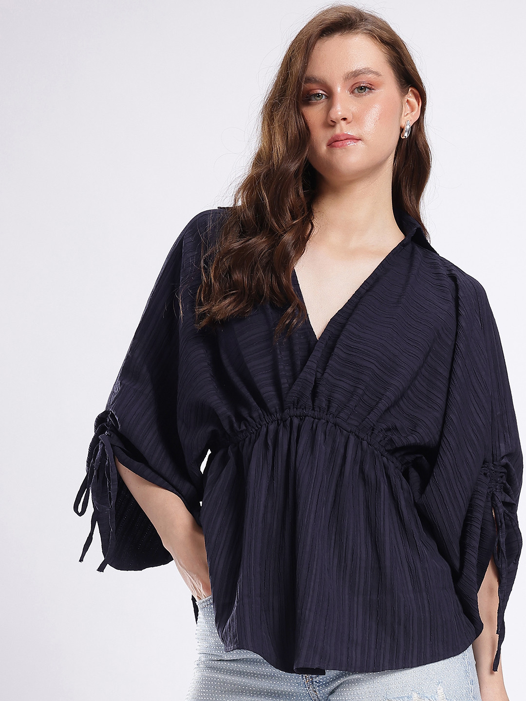 Stylecast X Hersheinbox Striped Cut-Out Detailed Shirt Collar Kimono Sleeve Empire Top