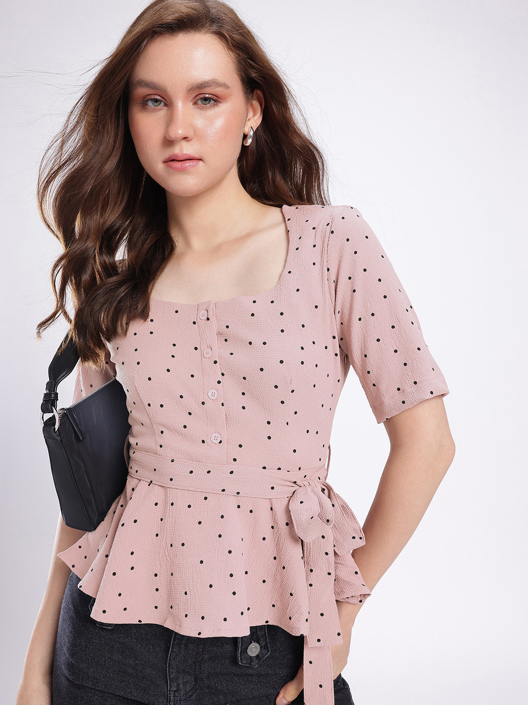 Stylecast X Hersheinbox Waist Tie-Up Polka Dot A-Line Top