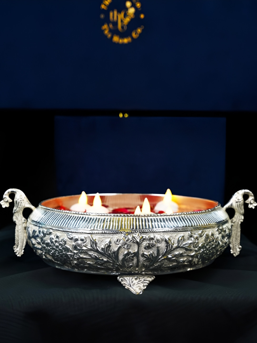 THE HOME CO. Silver-Plated Brass Peacock Urli