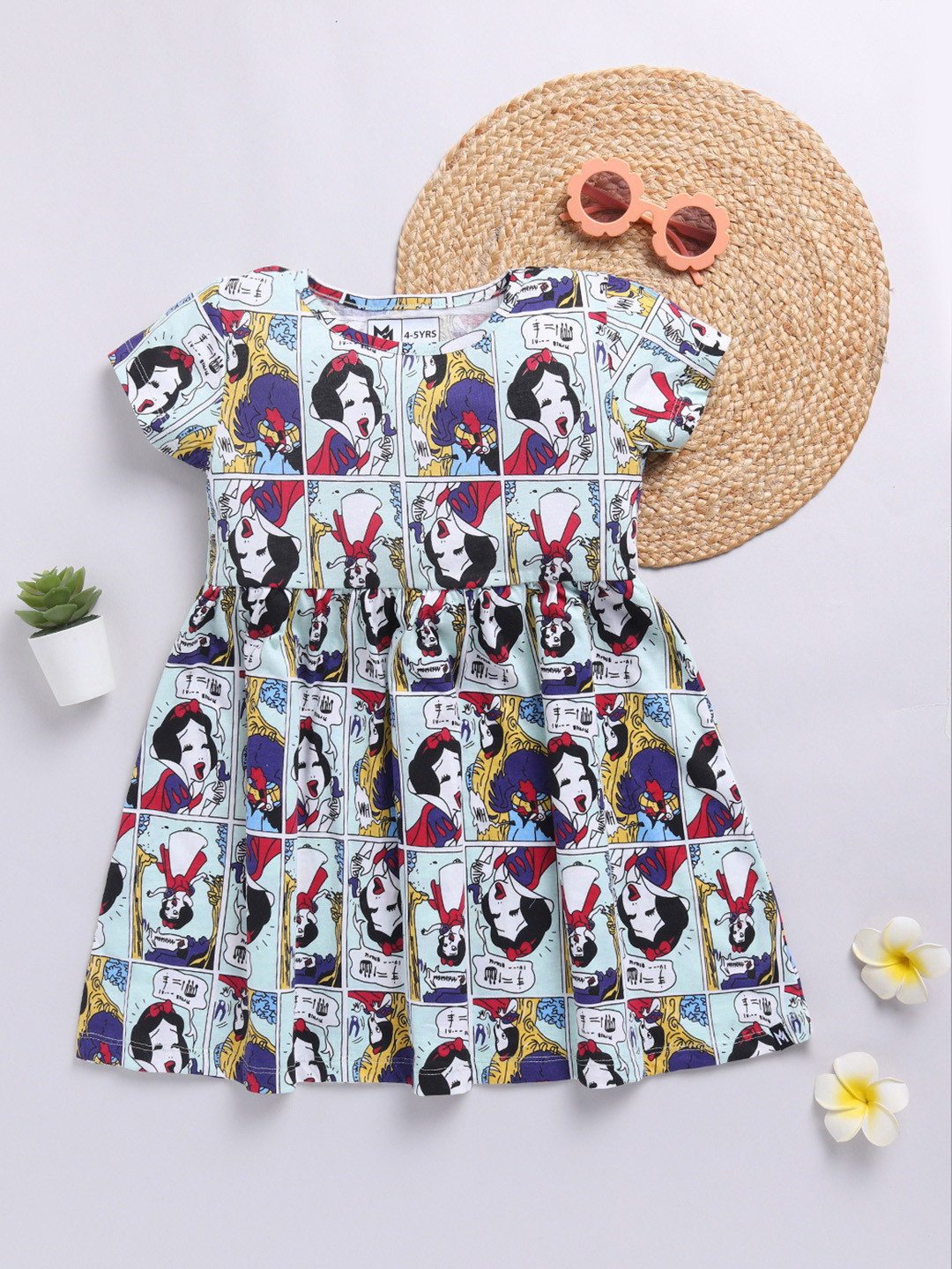 YK Disney Girls Snow White Printed Pure Cotton Fit & Flare Dress