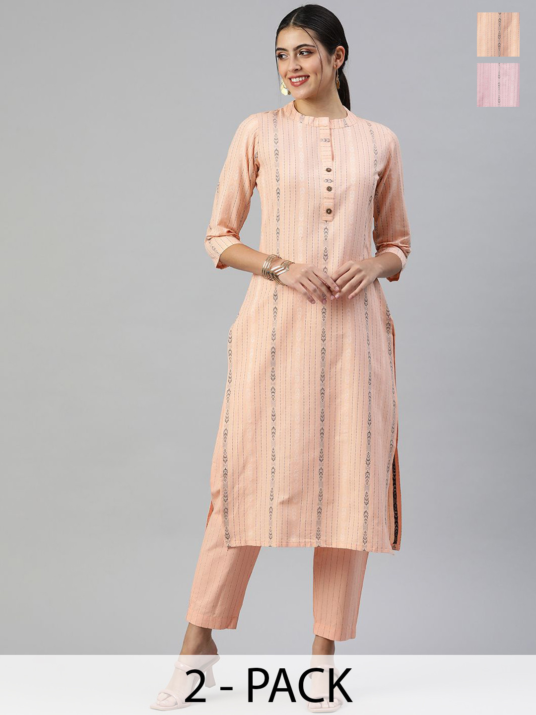 KALINI Pack Of 2 Striped Mandadrin Collar Straight Kurta With Trousers