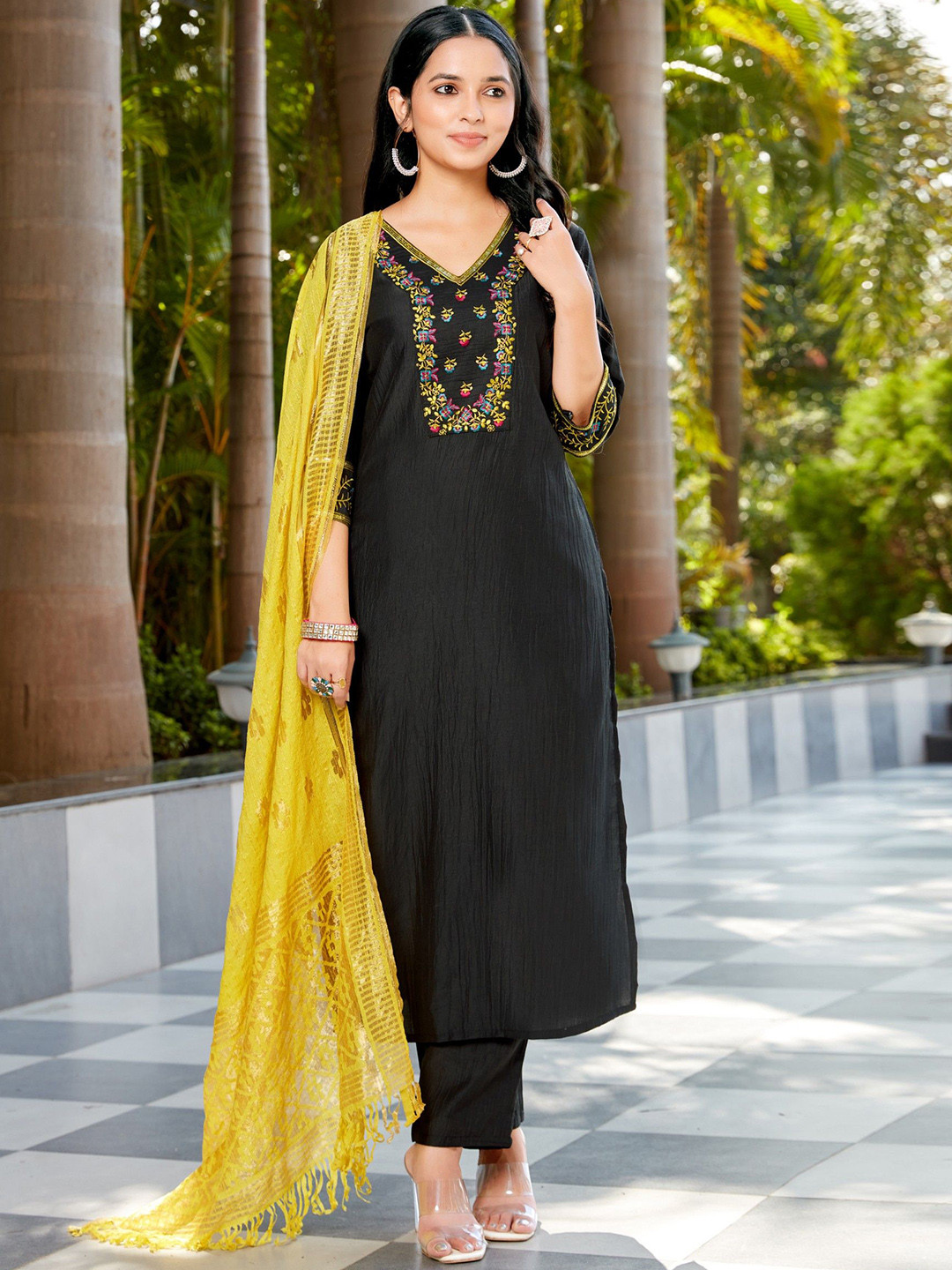 SARVAGNA Embroidered Thread Work Pure Silk V- Neck Kurta with Trousers & With Dupatta