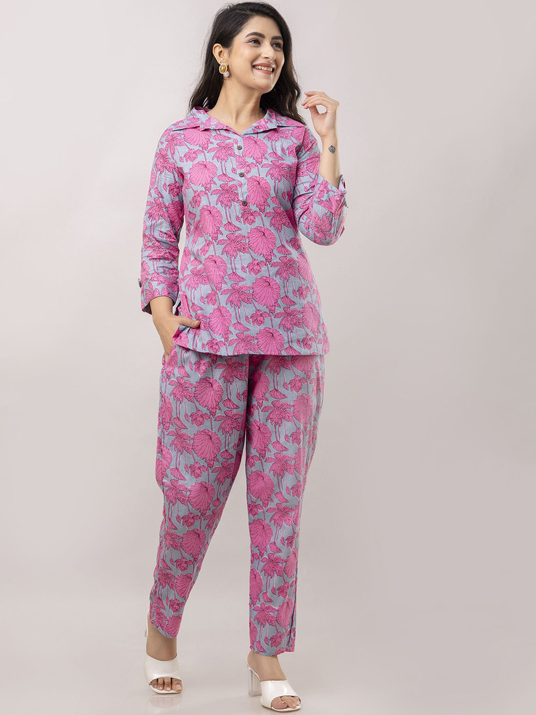 Twirl Tales Printed Shirt Collar Pure Cotton Tunic With Trouser