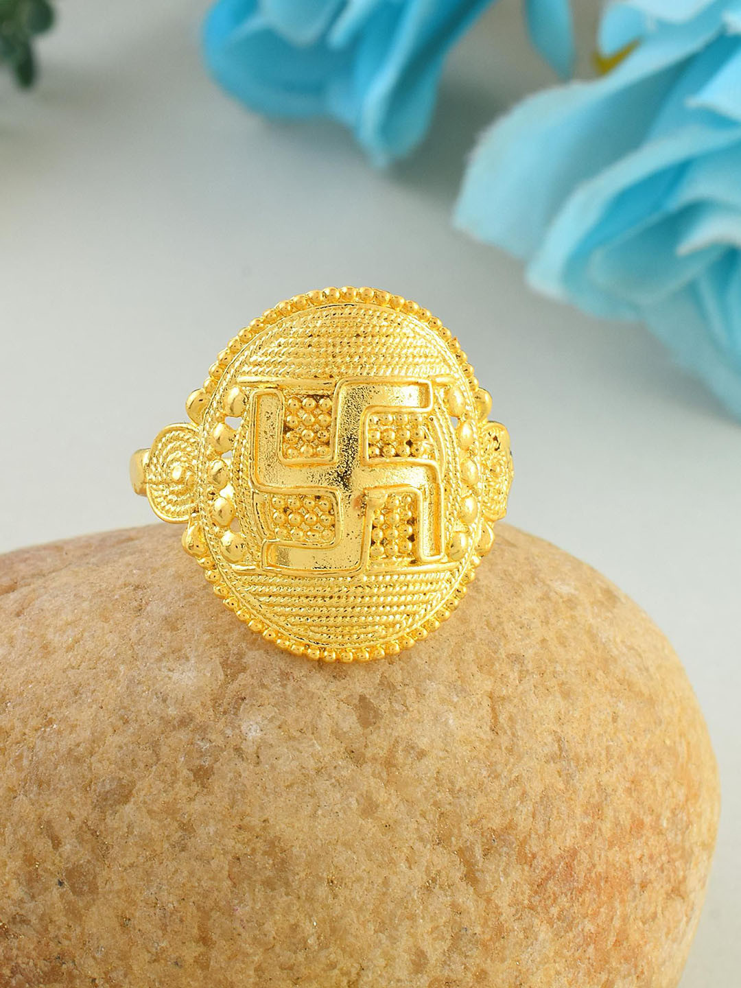 MEMOIR Gold-Plated Textured Swastik Finger Ring