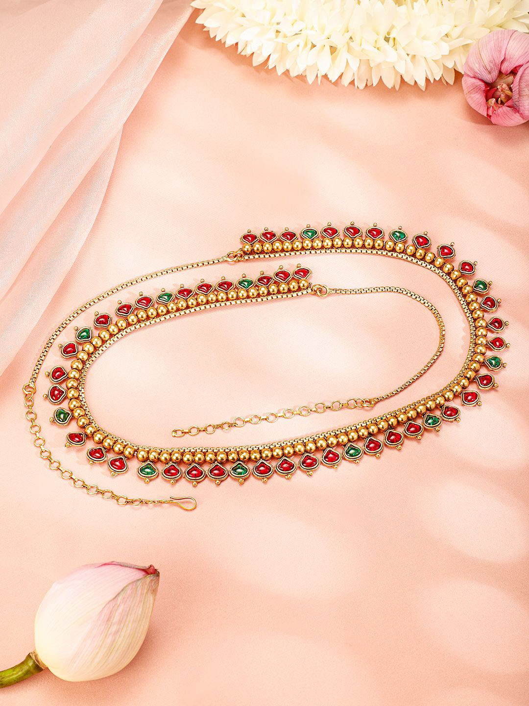 Rubans 18K Gold Plated Ruby Red & Emerald Green Stone Traditional Waist Chain Kamarbandh