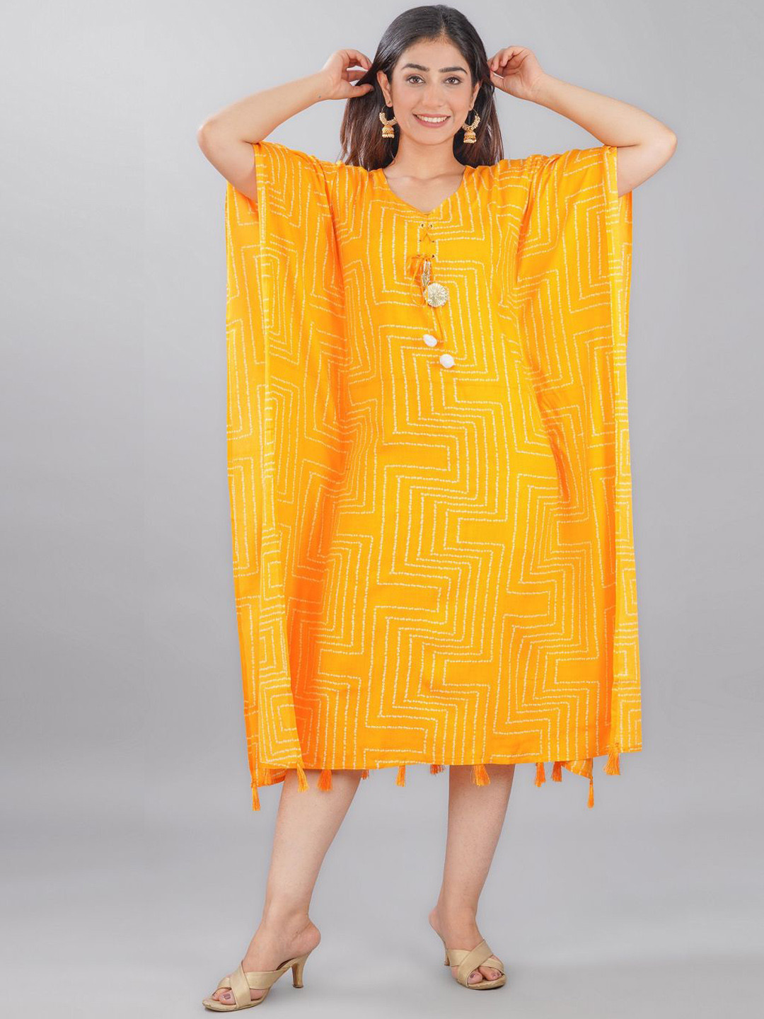 MF Hayat Geometric Printed Key Hole Neck Kimono Sleeves Kaftan Kurta