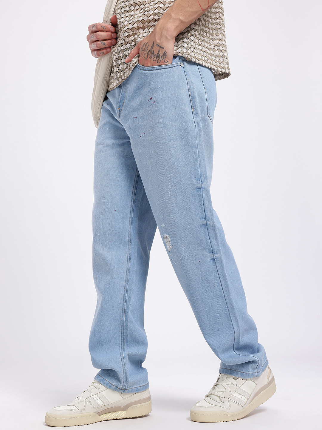 glitchez Men Straight Fit Mid-Rise Low Distress Paint Splatter Effect Jeans