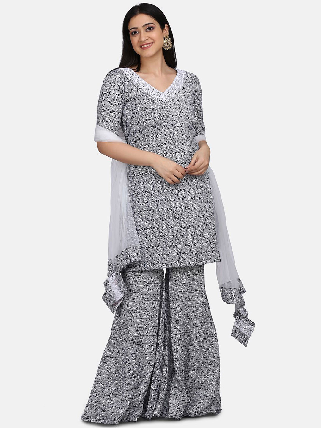 SHADES OF FAASHION Geometric Printed V- Neck Regular Kurta with Sharara & With Dupatta