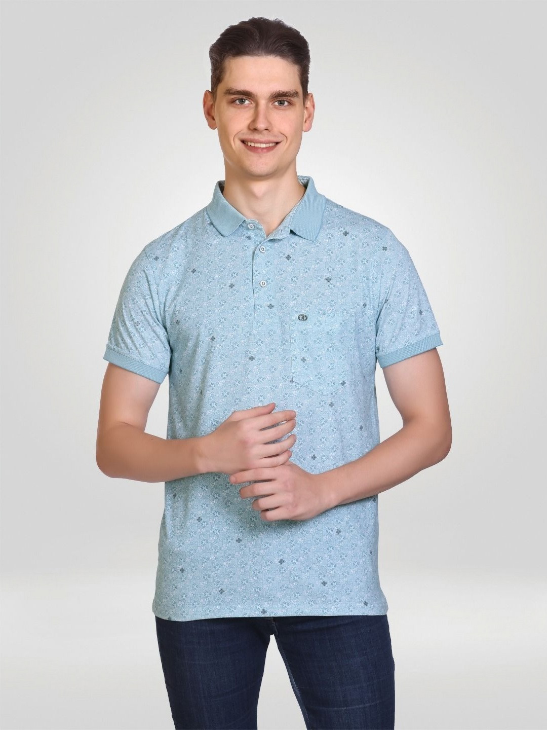 ARRAY Men Floral Printed Polo Collar Cotton T-shirt