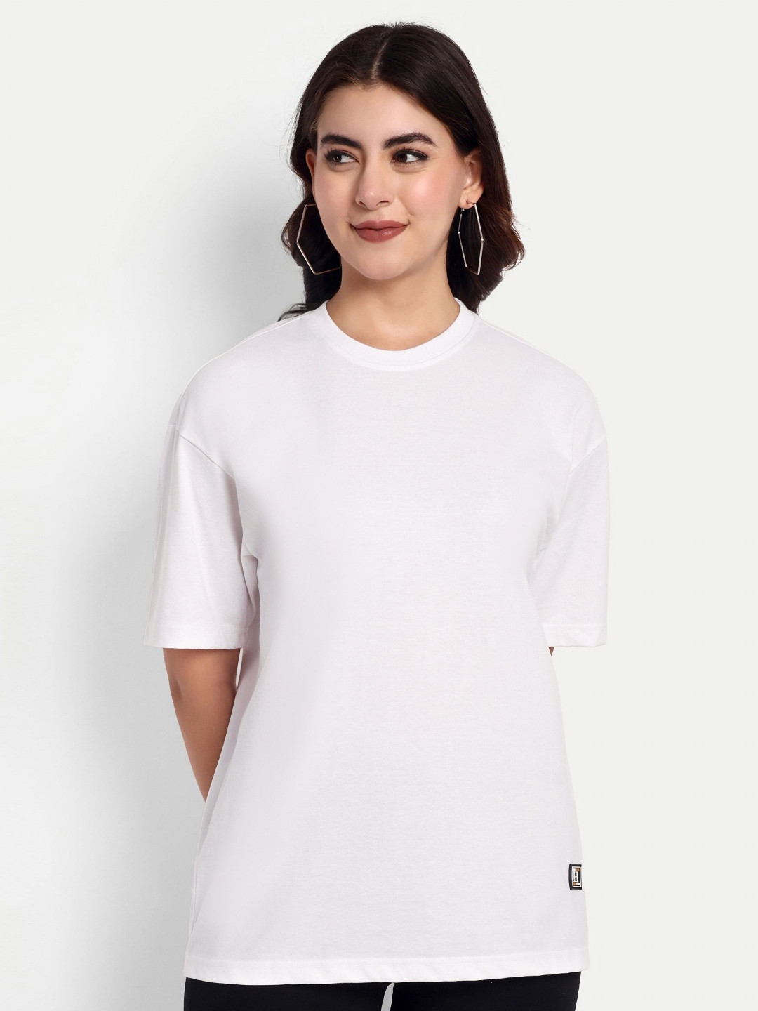 HEATHEX Women Solid Round Neck Cotton Oversized T-shirt