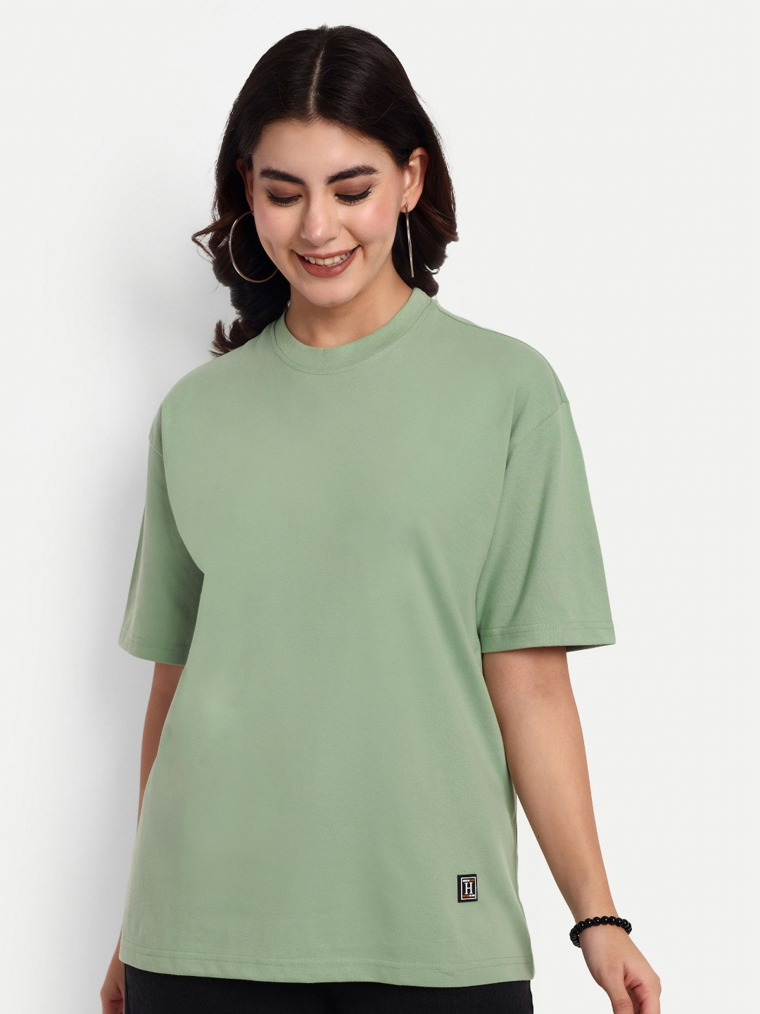 HEATHEX Women Solid Round Neck Cotton Oversized T-shirt