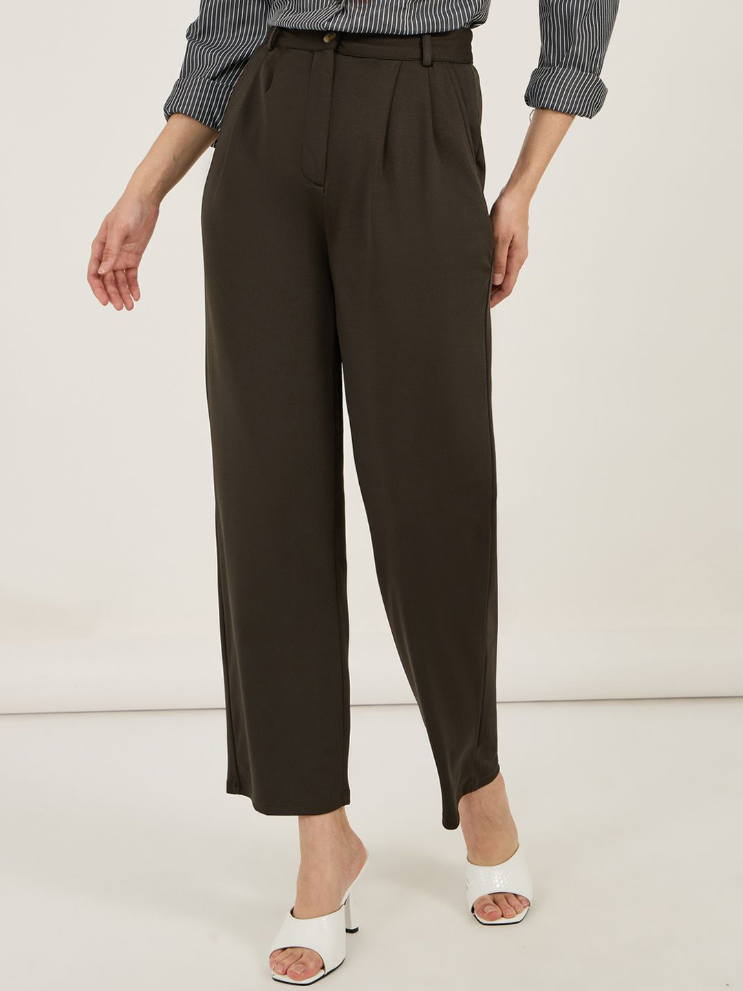 Styli Women Solid High Waist Korean Baggy Pant With Flat Waist Band