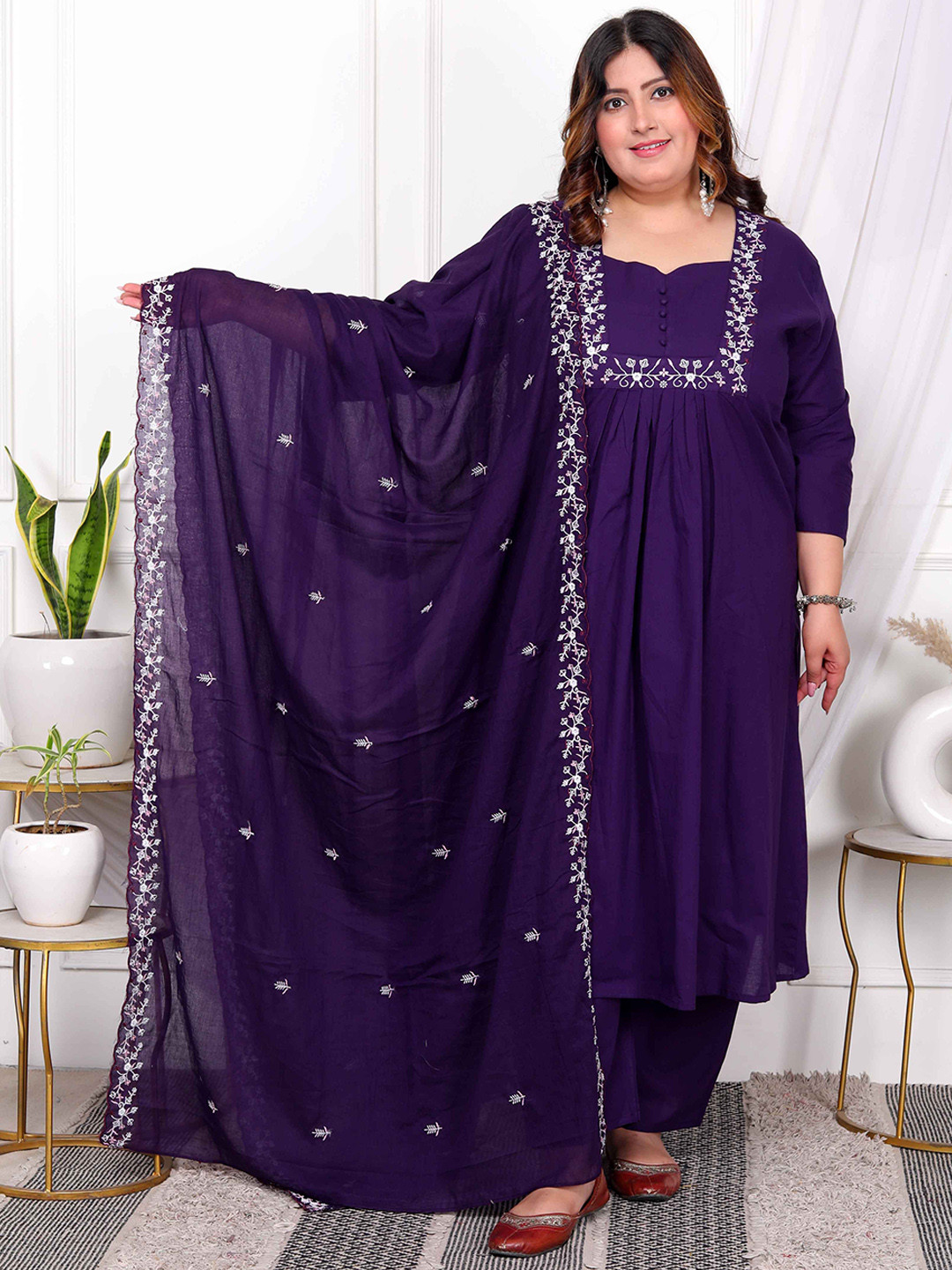 MIRAVAN Plus Size Thread Work Pleated Pure Cotton A-Line Kurta With Palazzo And Dupatta
