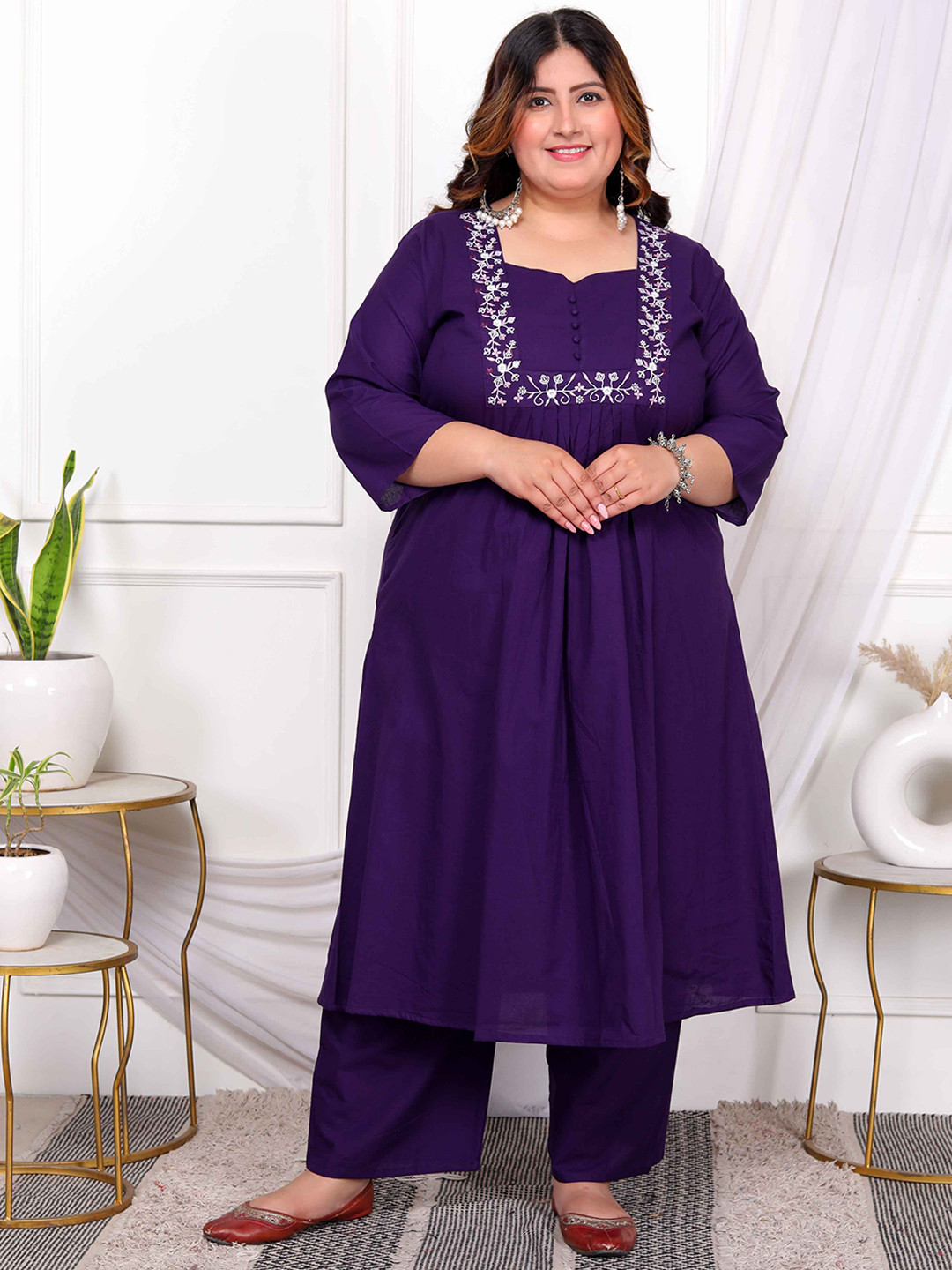 MIRAVAN Plus Size Thread Work Pleated Pure Cotton A-Line Kurta With Palazzo