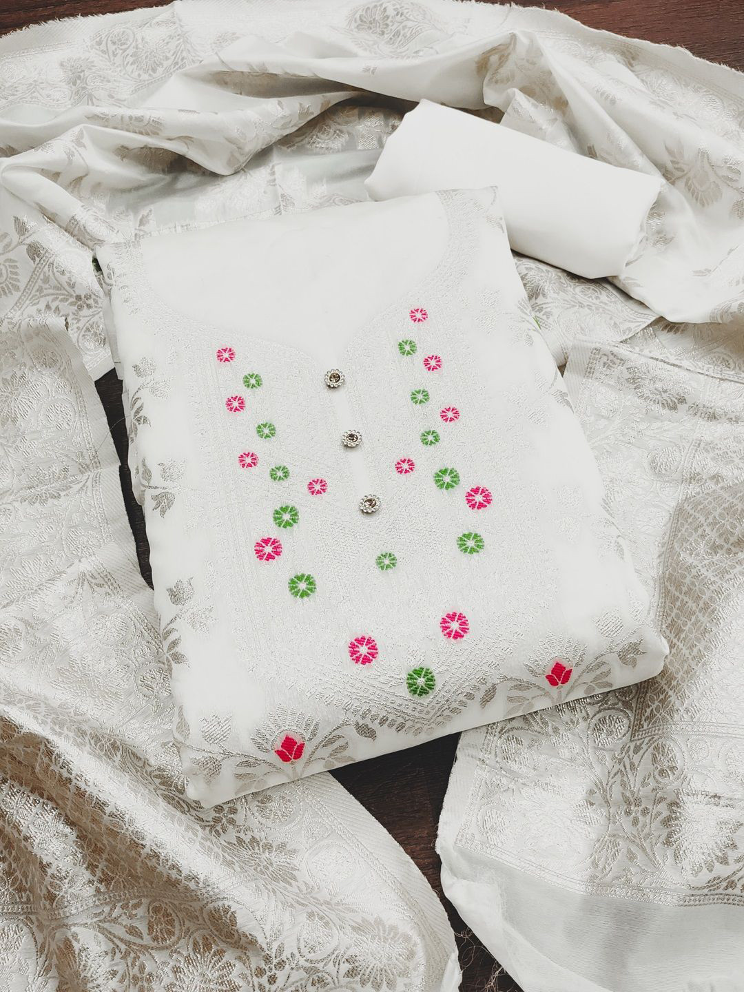 Mayta Fashion Floral Woven Design Zari Work Banarasi Silk Unstitched Dress Material