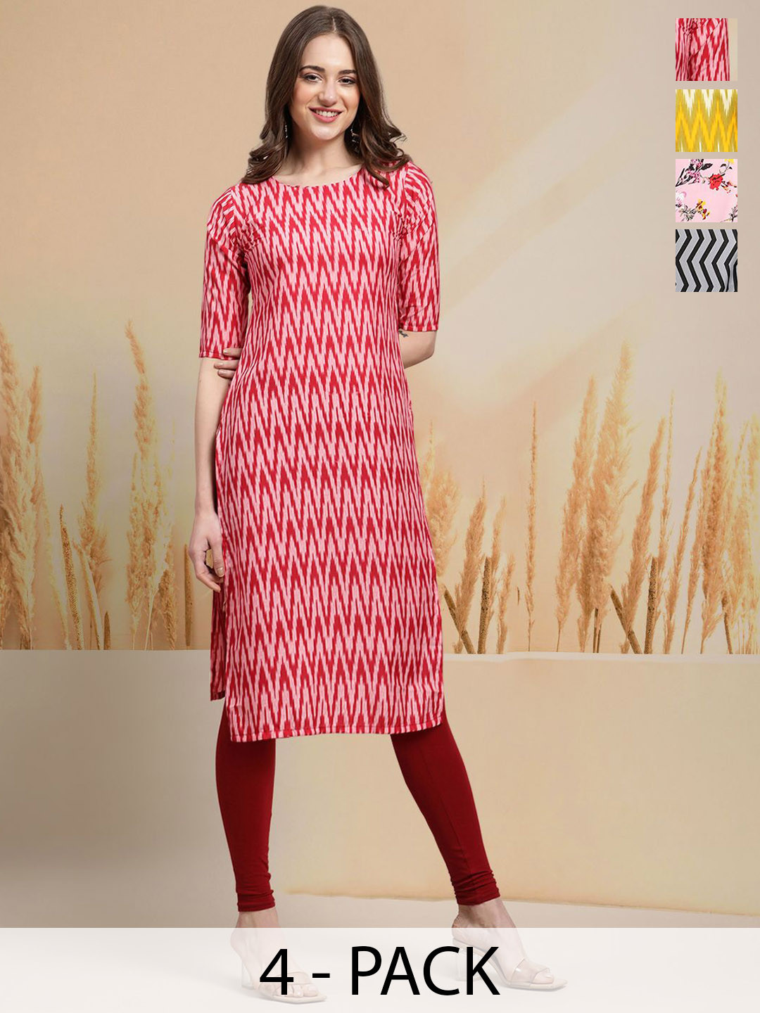 7Threads Selection Of 4 Shevron Printed Round Neck Straight Kurtas