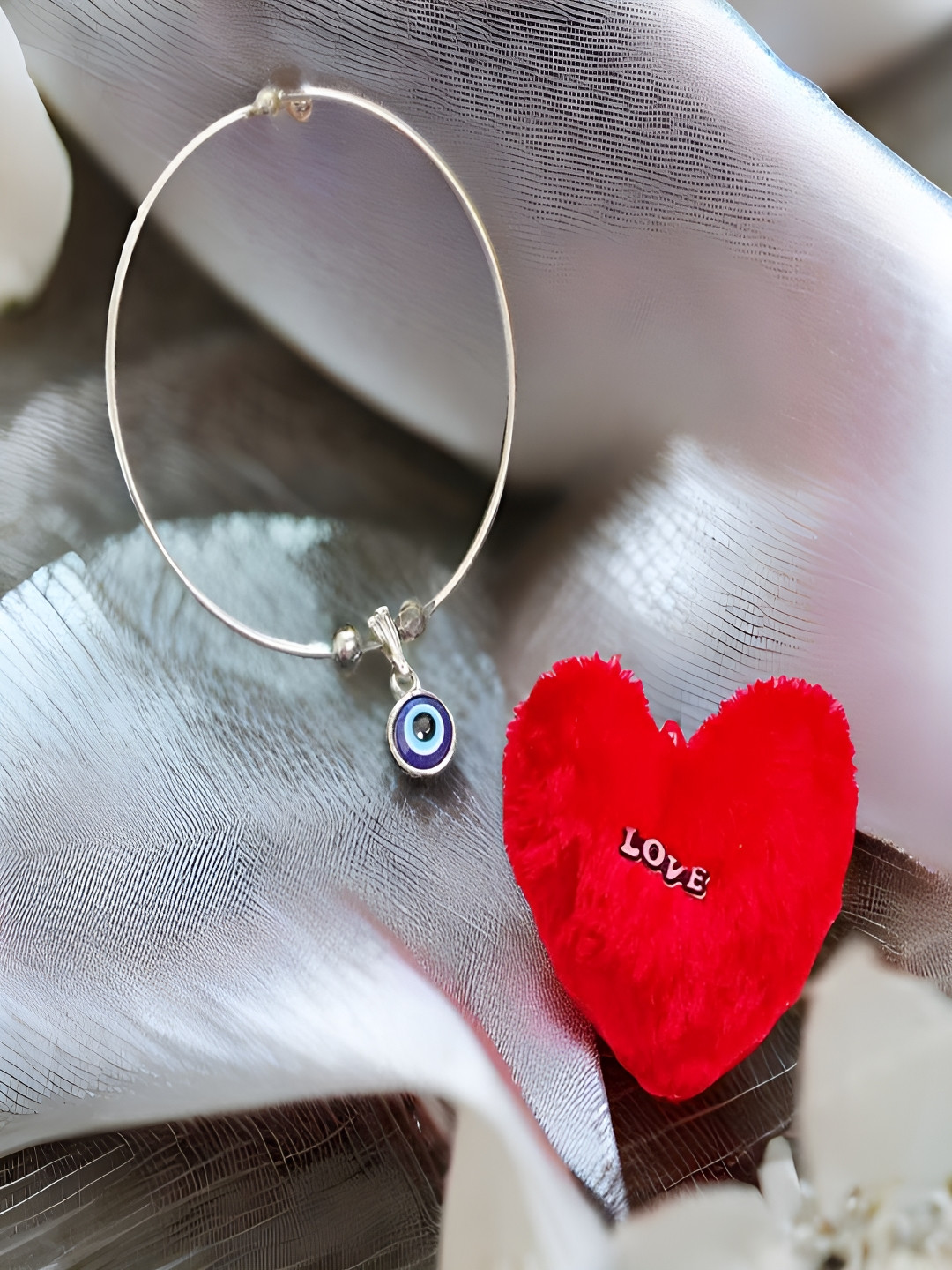 UNIVERSITY TRENDZ Grey & Red Evil Eye Charm Bracelet & Love Heart Pillow Gift Combo Set