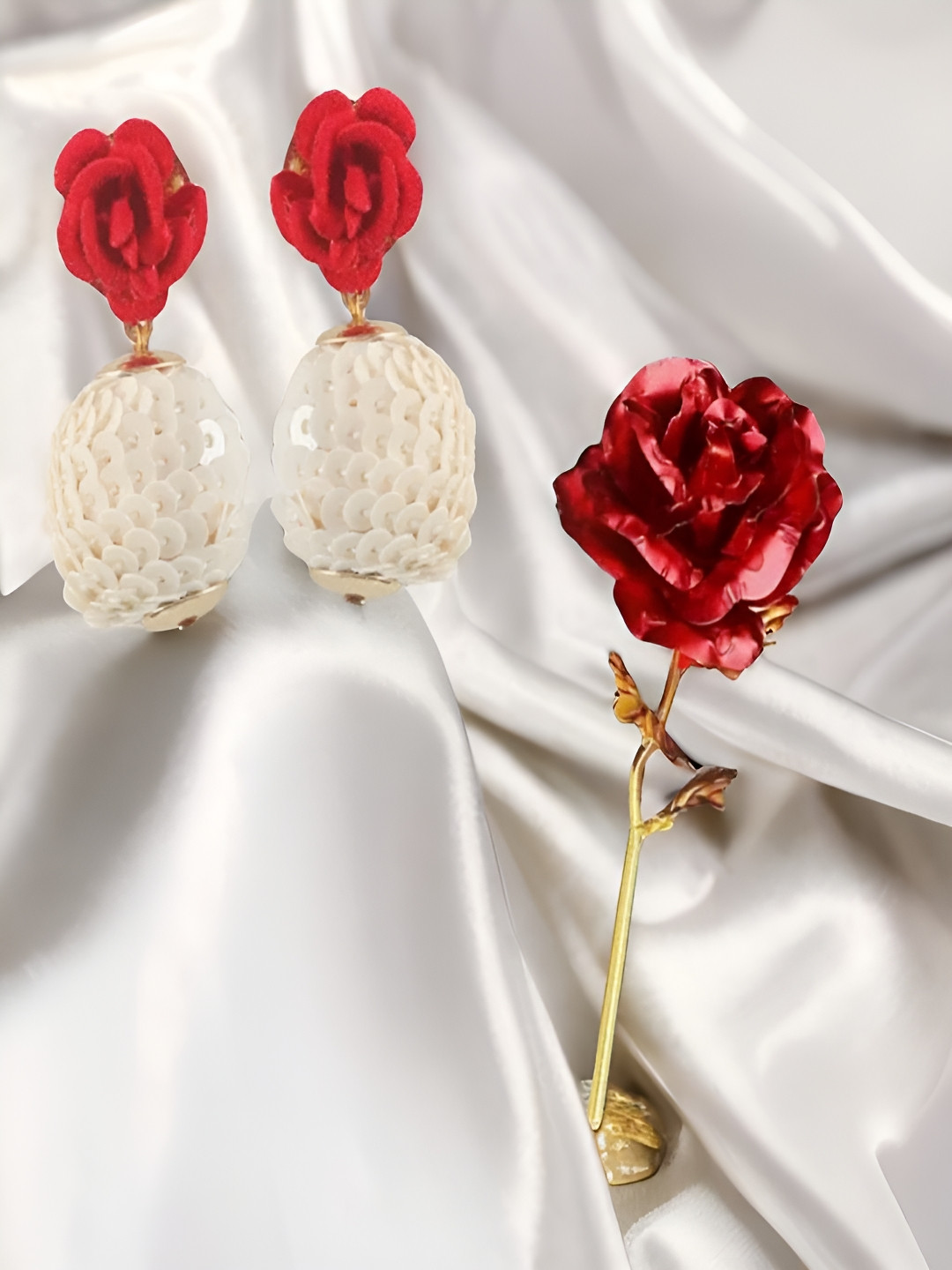 UNIVERSITY TRENDZ White & Red Earrings & Rose Combo Gift