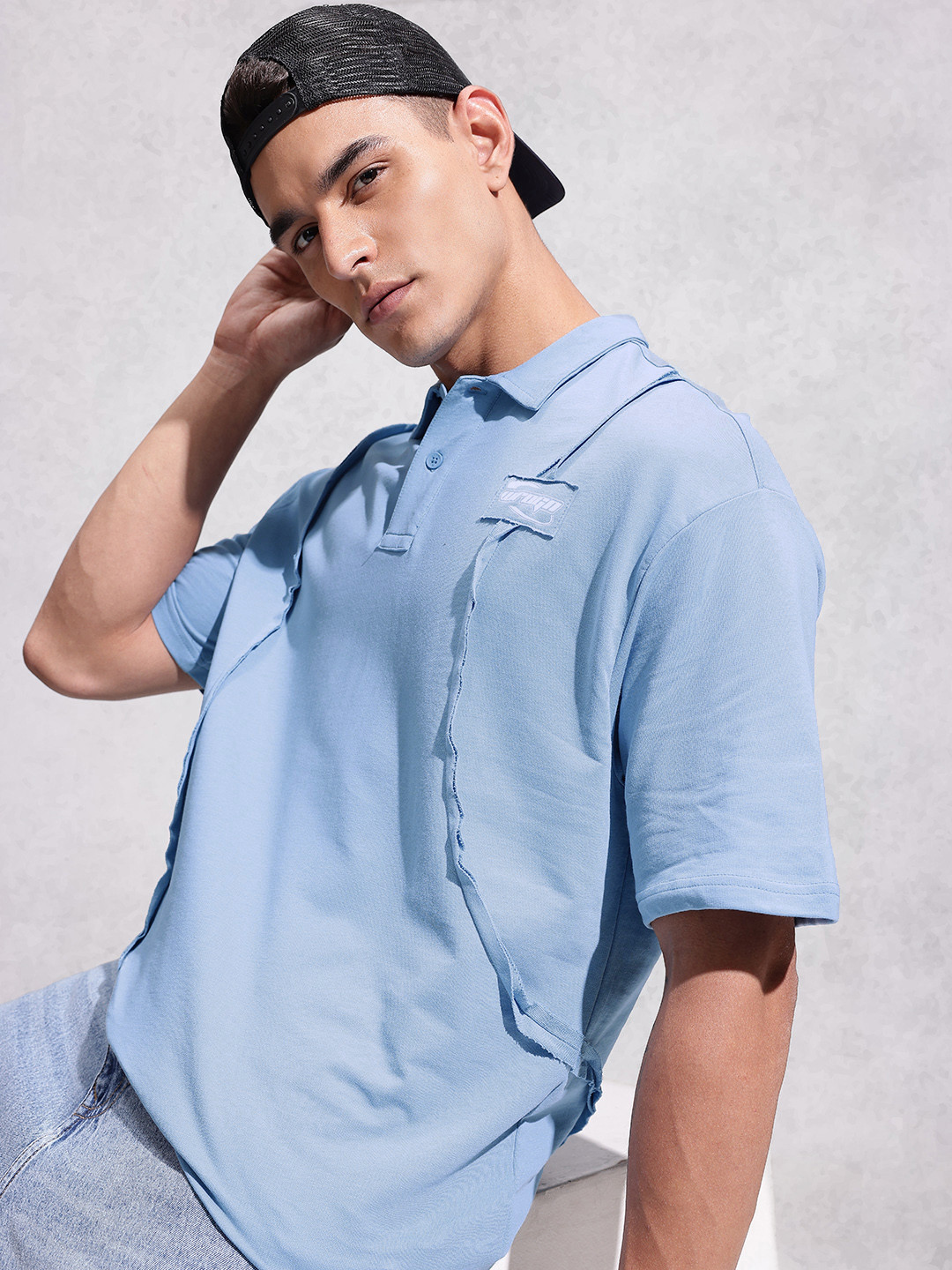 WROGN Pure Cotton Panelled Oversized Polo T-shirt