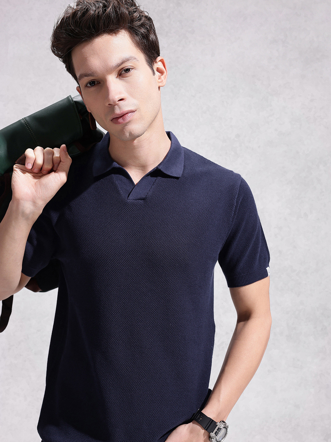 WROGN Self Design Polo Collar Pure Cotton Slim Fit T-shirt