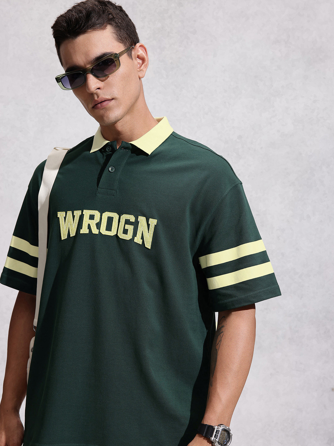 WROGN Oversized Fit Brand Logo Applique Polo Collar Pure Cotton T-shirt