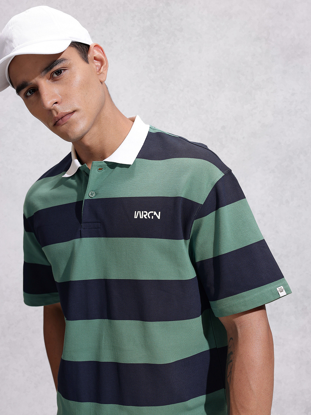 WROGN Striped Polo Collar Drop-Shoulder Sleeves Pure Cotton Oversized T-shirt