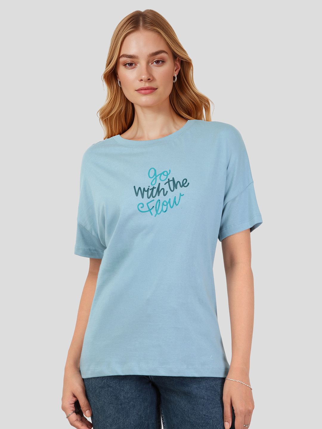 Mast & Harbour Typography Printed Drop-Shoulder Sleeves Pure Cotton T-shirt