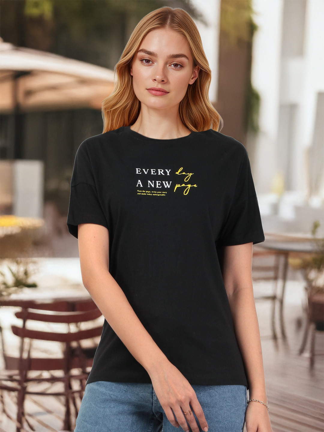 Mast & Harbour Typography Printed Drop-Shoulder Sleeves Pure Cotton T-shirt