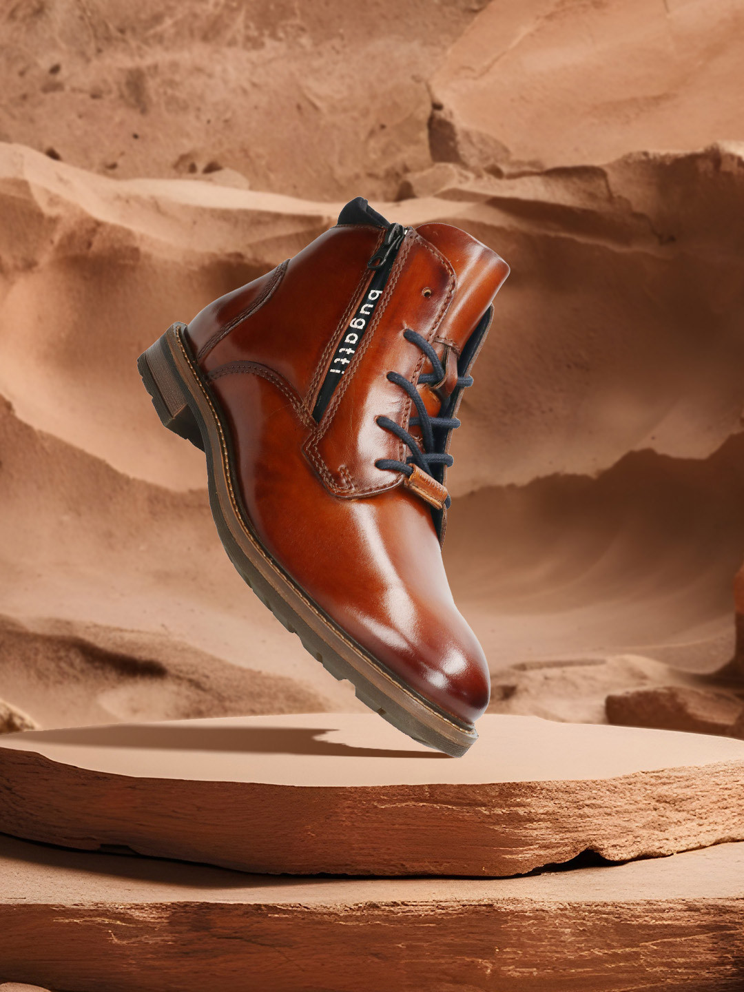 Bugatti Men Leather Lobo Comfort Cognac Wide Ankle Boots